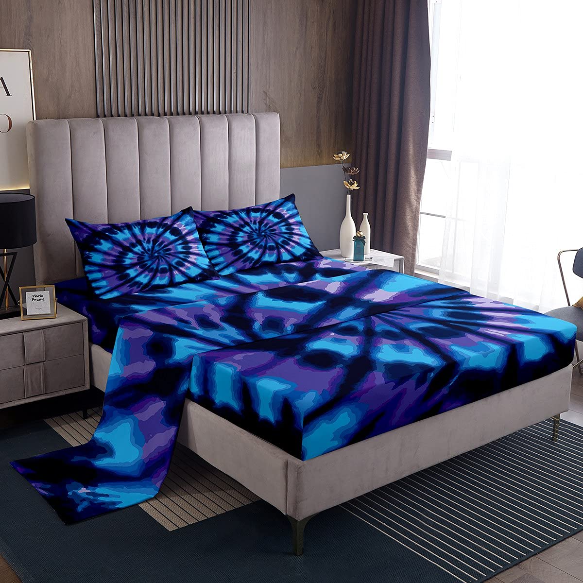 Feelyou Queen Size Tie Dye Boho Psychedelic 4-Piece Sheet Set - 1 Fitted Sheet, 1 Flat Sheet & 2 Pillowcases (Blue Geometric Pattern) - Soft Bedding for Bohemian & Hippie Style Bedrooms