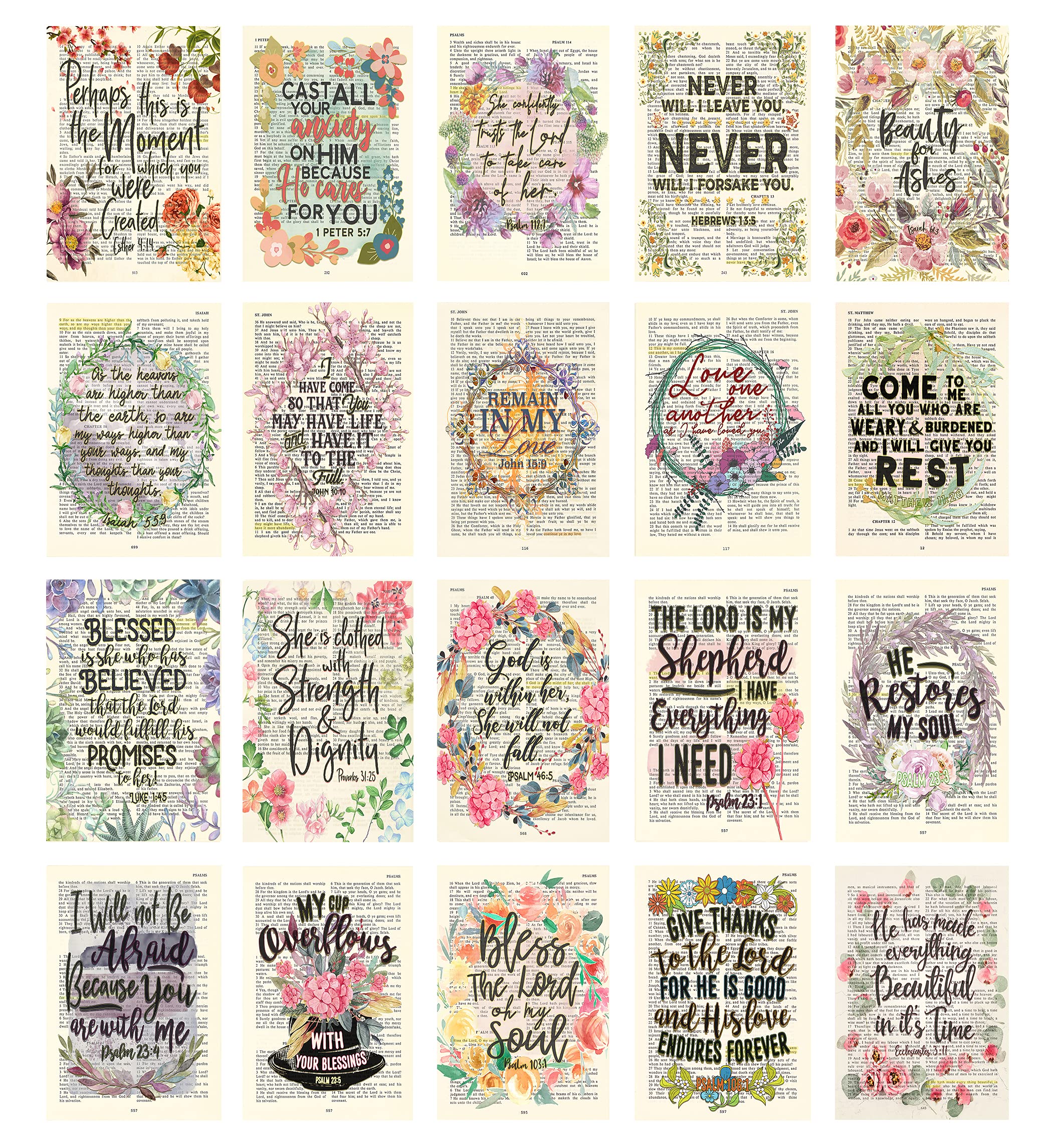 20pc Floral Bible Verse Collage Kit - Christian Gift for Teens, Dorm Decor | Vintage Wall Art for Bedrooms & Prayer Rooms