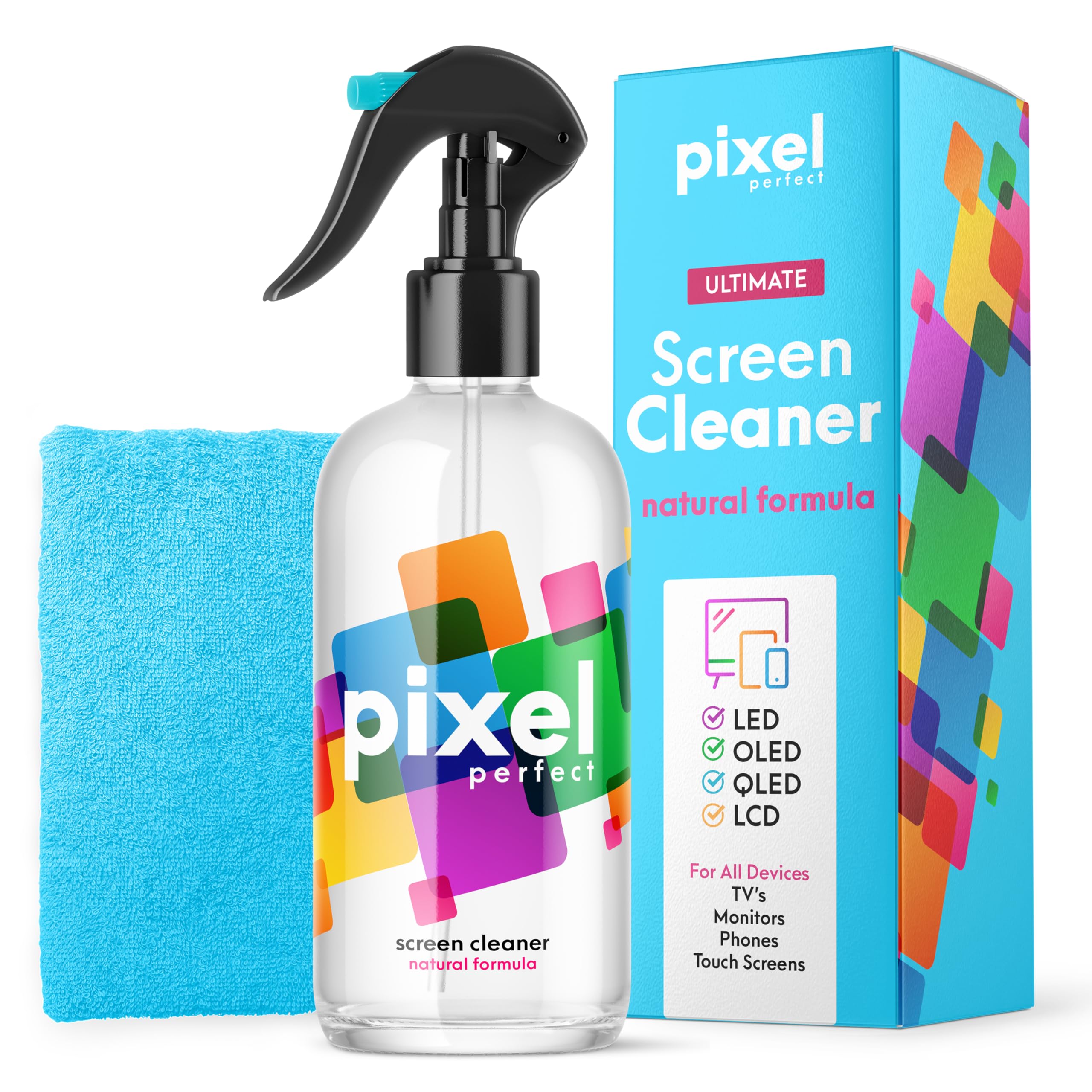 Pixel Perfect 16.9oz XL Screen Cleaner Kit - Premium 500ml Natural Cleaning Spray for TVs, Laptops, Computers, Monitors, Phones & Tablets | Streak-Free Screen Cleaning for Home, Office & Gaming Setup