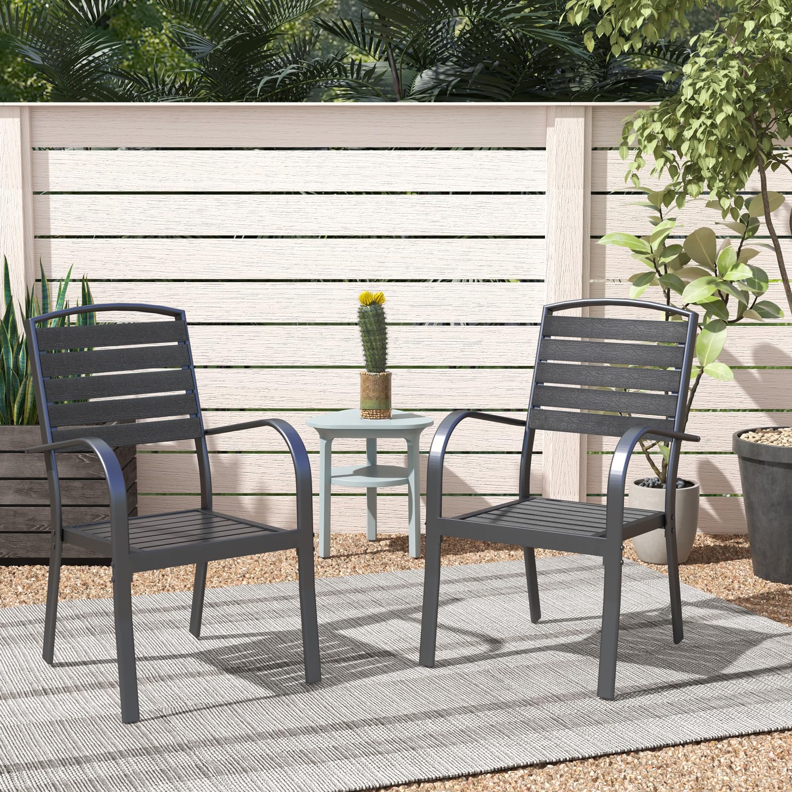 **SUNSITT 2-Piece Patio Dining Chair Set - Aluminum Outdoor Chairs with Faux Wood Slats, All-Weather Stackable Design & Armrests - Perfect for Lawn, Porch, Garden, Deck, and Backyard BBQs (Black)**