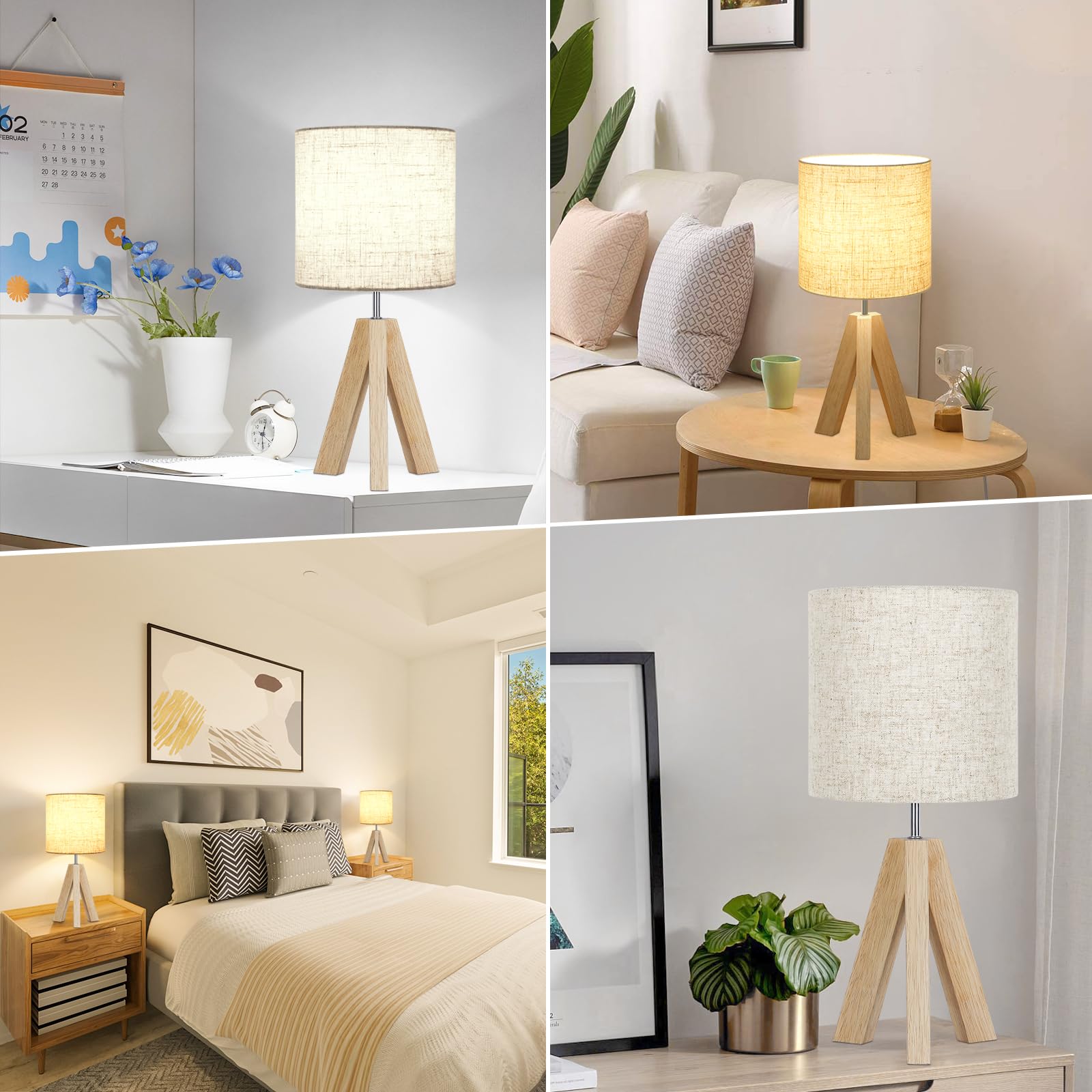 Modern Wooden Tripod Table Lamp with Linen Shade - Small Boho Nightstand Lamp for Bedroom, Living Room, Nursery, Office & Dorm (Bulb Not Included) | Perfect for Reading, Relaxing & Creating Cozy Ambiance