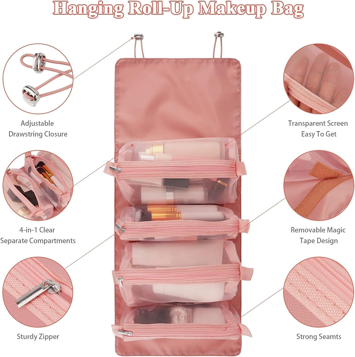 Waterproof Hanging Toiletry Bag for Women - 4-in-1 Travel Makeup Organizer with Cosmetic Pouch | Foldable Polyester Cosmetic Bag for Girls | Perfect for Vacation, Gym & Daily Use