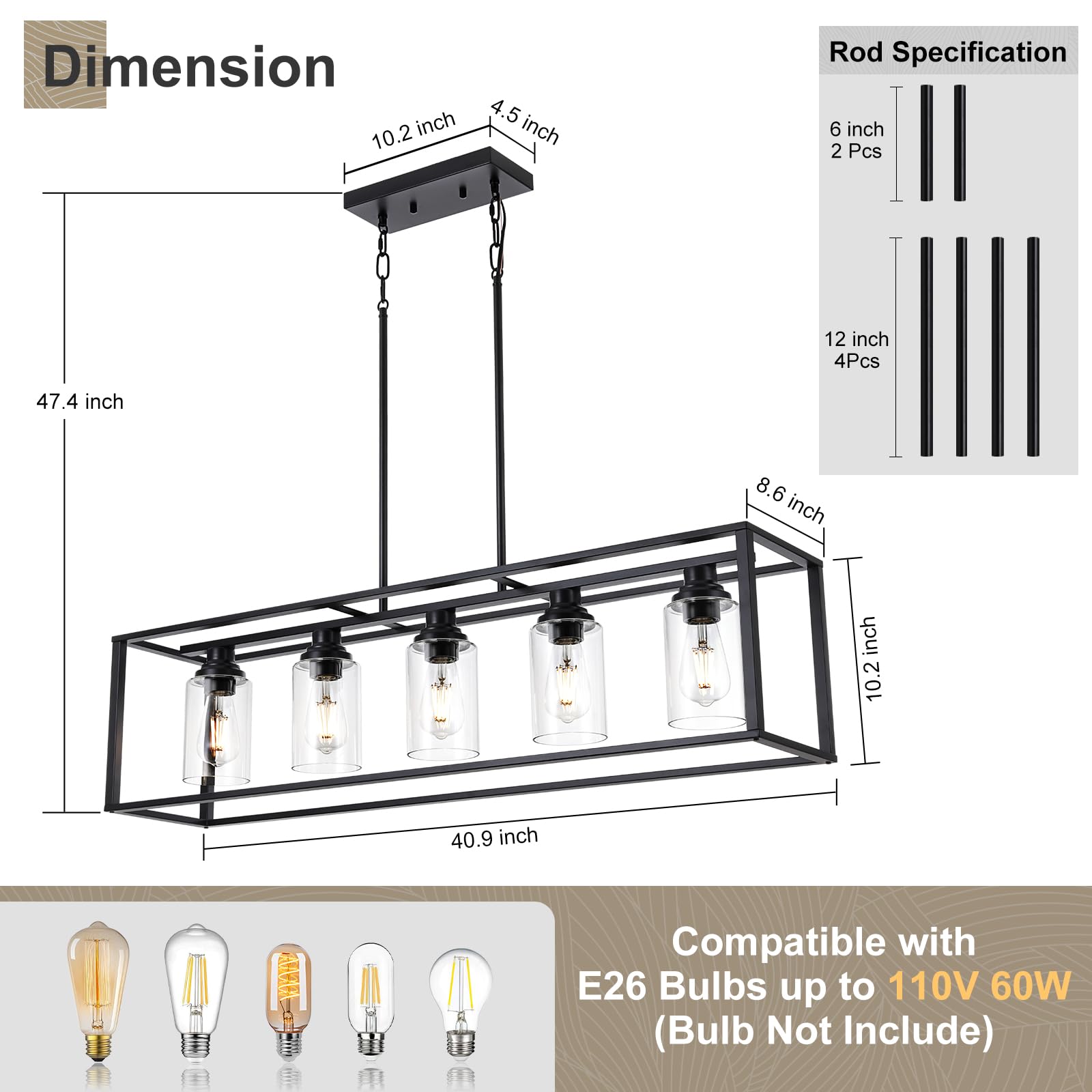 Black Farmhouse 5-Light Chandelier with Clear Glass - Kitchen Island Lighting & Dining Room Ceiling Fixture - Perfect for Farmhouse, Rustic, and Modern Dining Areas