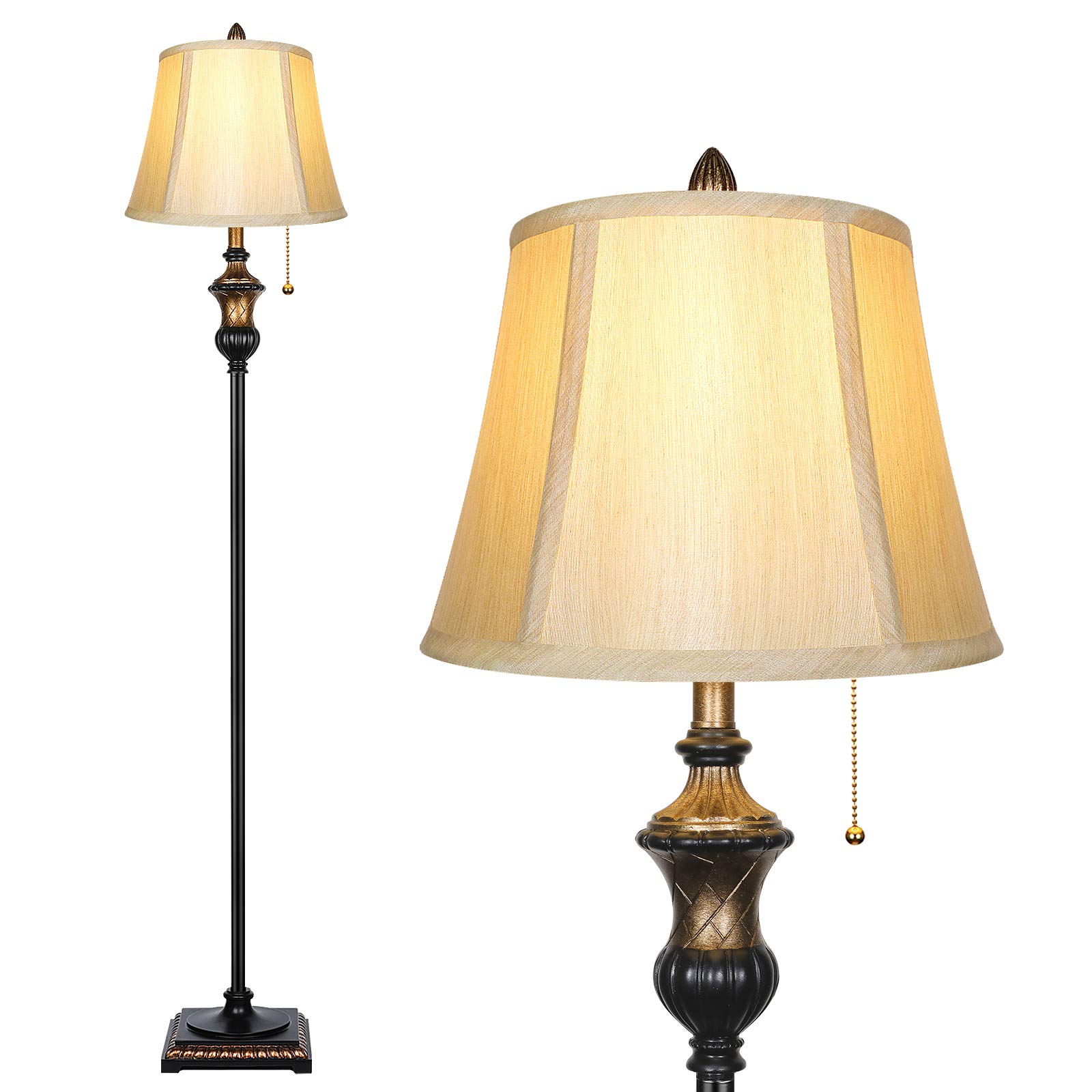 Vintage Bronze Fabric Shade Floor Lamp - Classic Standing Lamp with Pull Chain Switch for Living Room, Bedroom & Office | Rustic Tall Pole Reading Light for Home Decor & Cozy Ambience
