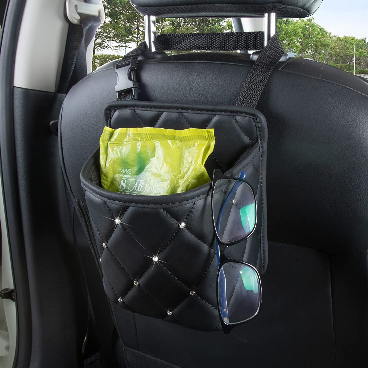 3-Pack Rhinestone Bling Car Handbag Holder & Backseat Organizer - PU Leather Storage Net Pocket Between Seats, Auto Seat Storage Bag with Trash Can - Perfect for Road Trips, Shopping & Daily Commute (Black)