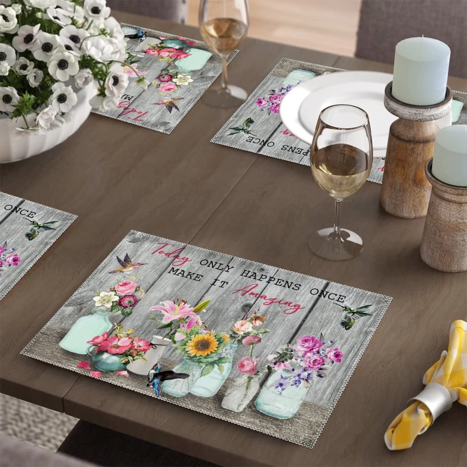 4-Pack Heat Resistant Hummingbird Floral Placemats - Waterproof Outdoor Dining Mats for Kitchen, Banquet & Picnic Use - Elegant Table Decor Set for Everyday Meals and Special Occasions