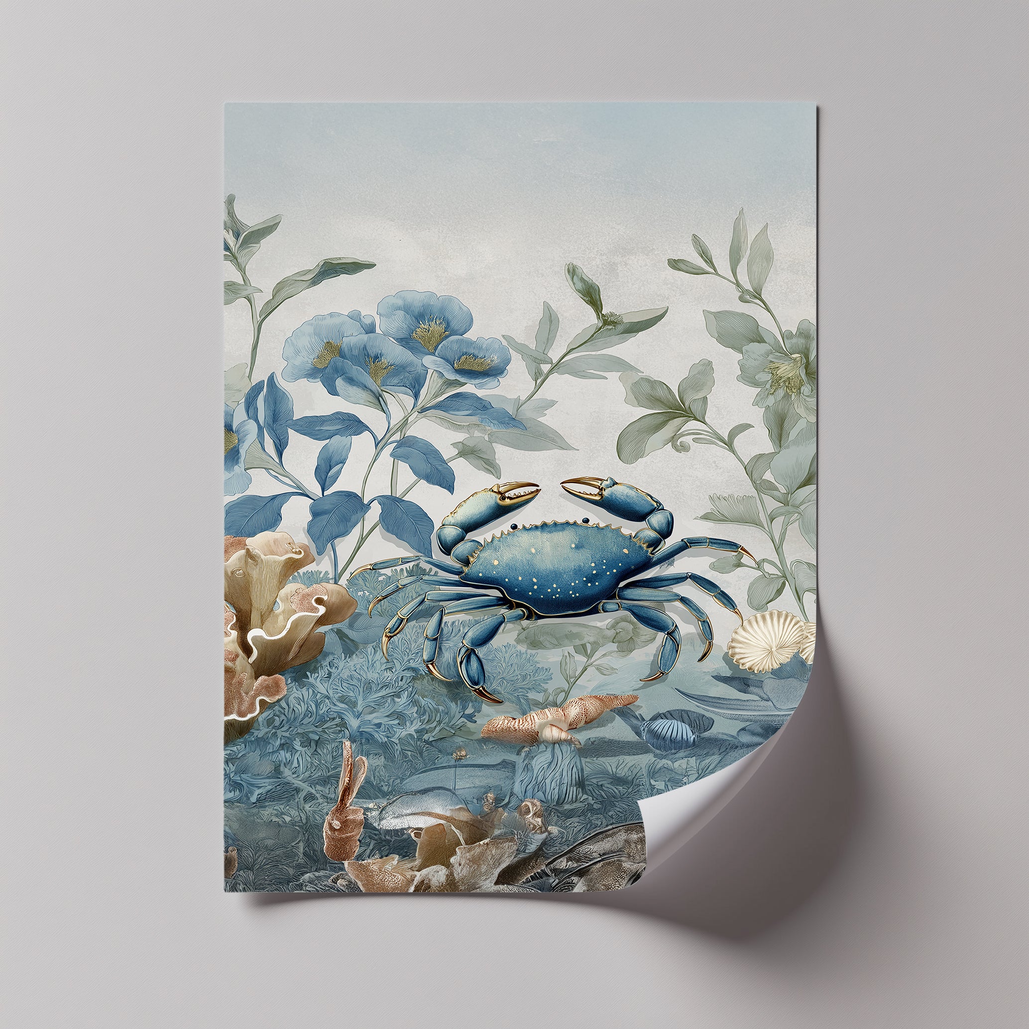 Blue Crab in Botanical Reef - Coastal Nature Canvas Print Wall Art | Beach House Decor, Ocean Themed Living Room, Coastal Bedroom Decor