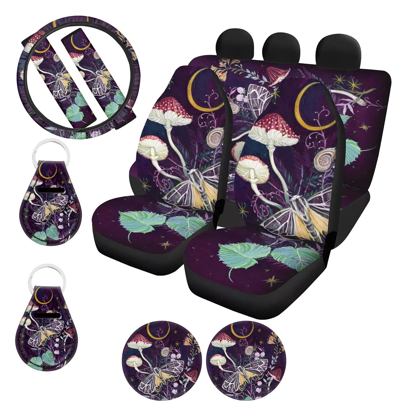UPETSTORY Mushroom & Butterfly Floral Print Car Seat Covers Full Set - Split Bench Design with Steering Wheel Cover, Seat Belt Covers, Cup Holder Coasters & Keychains | Cute Girly Car Accessories for Women | Perfect for Daily Commute, Road Trips & Gift Giving