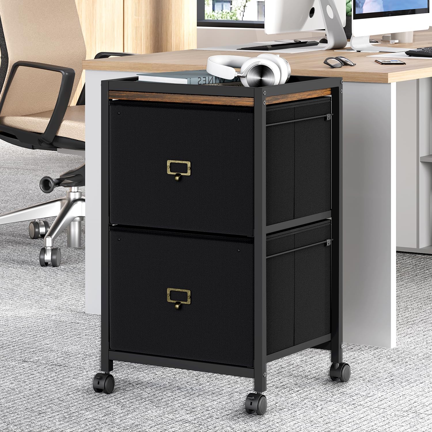 GAOMON 2-Drawer Mobile File Cabinet - Letter & A4 Size Vertical Storage with Wheels - Black Fabric Under Desk Organizer for Home Office | Perfect for Document Storage & Workspace Organization