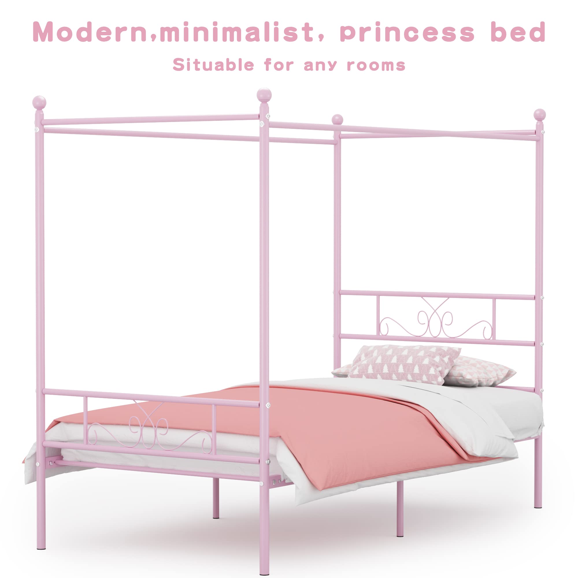 Weehom Twin Canopy Bed Frame with Headboard and Footboard - 4 Poster Metal Bed Frame for Kids & Adults - No Box Spring Needed - Sturdy Mattress Foundation Platform Bed in Pink - Perfect for Bedrooms, Guest Rooms & Dorm Decor