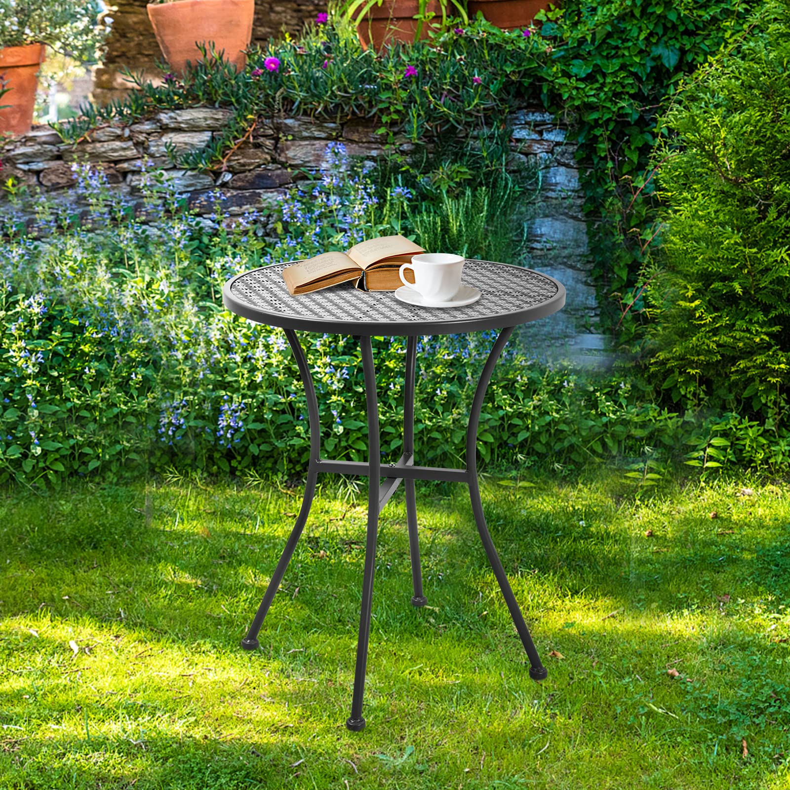Black Steel Metal Round Outdoor Patio Coffee Table - Durable Garden, Deck, Poolside Furniture for Relaxing & Entertaining