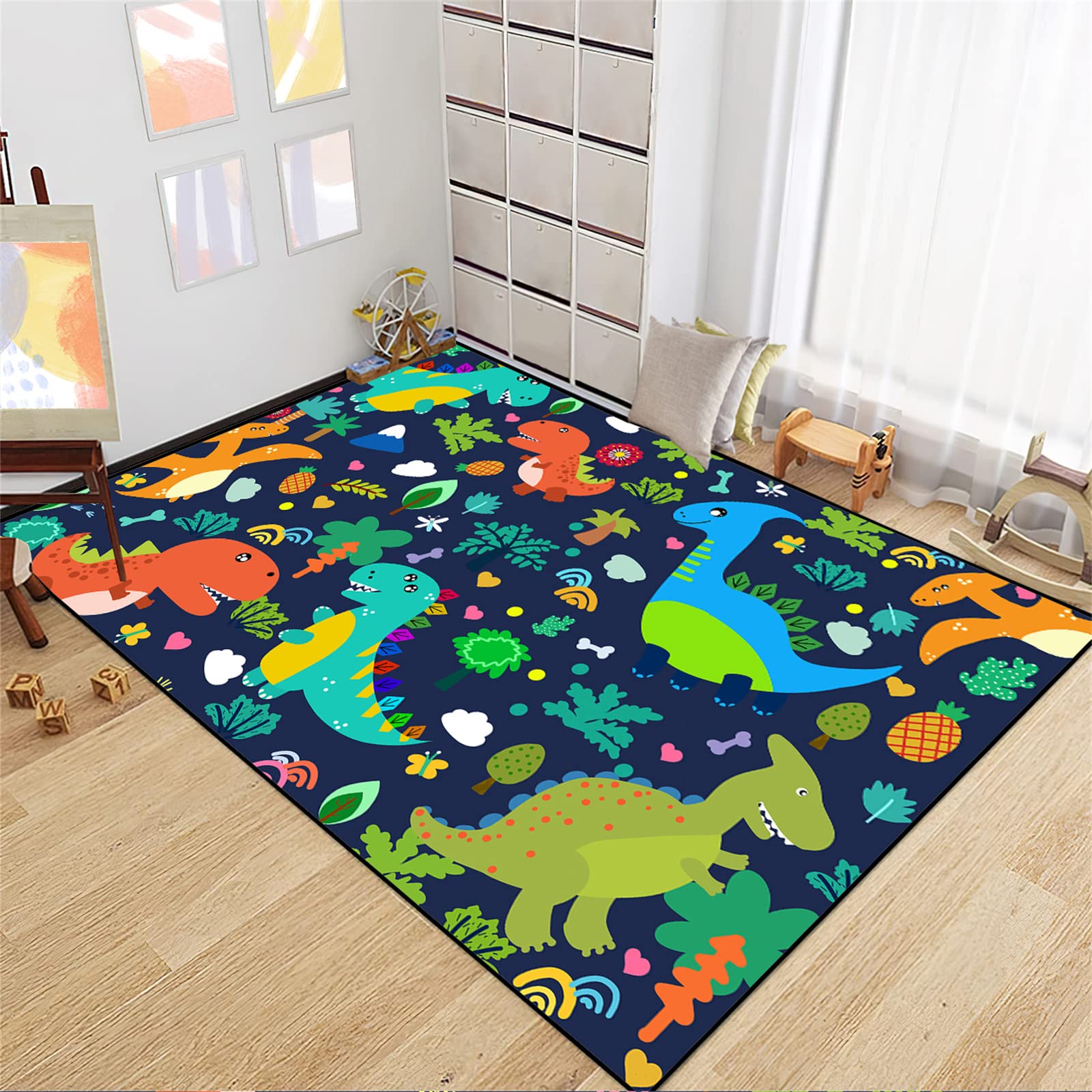 Dinosaur Area Rug for Kids - 3'×5' Blue Cartoon Dinosaur Rug with Leaves Print | Soft Playroom Rug for Boys Bedroom, Classroom & Nursery Decor | Perfect for Playtime, Learning & Dinosaur-Themed Rooms