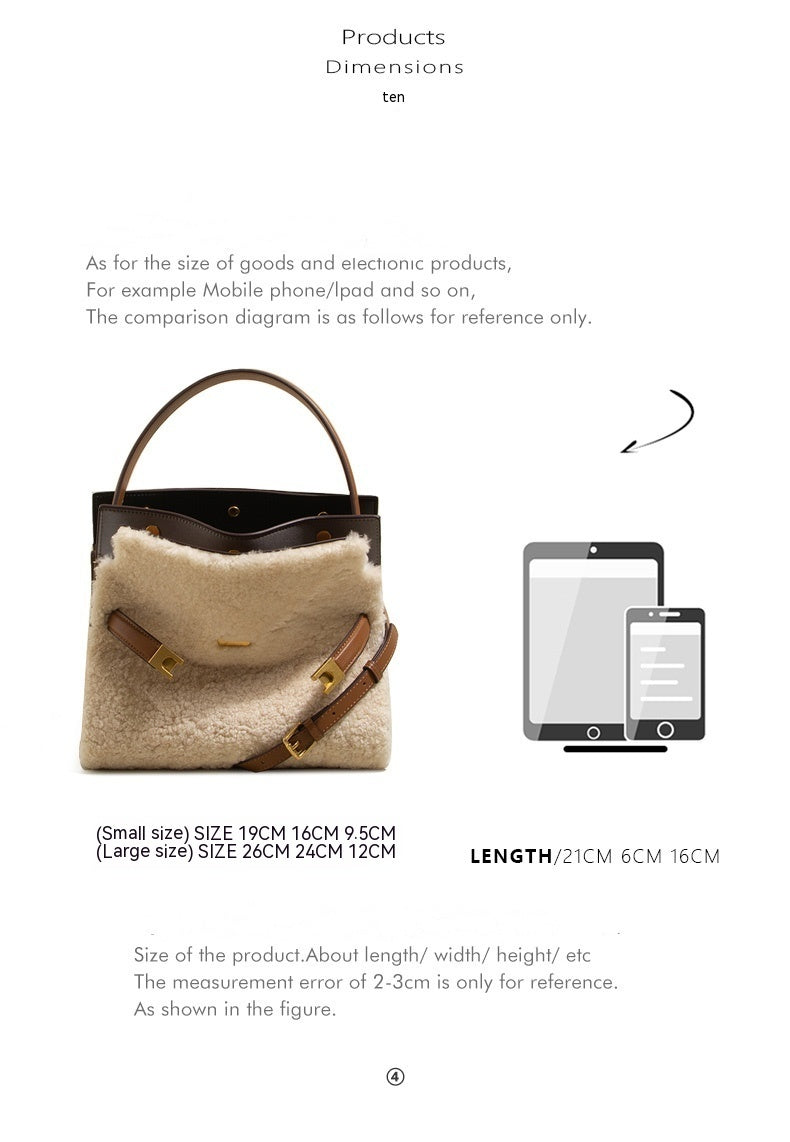 Premium Genuine Leather & Lamb Wool Winter Tote Bag - Women's Fashion Shoulder Bag & Crossbody Purse for Work, Travel & Daily Use