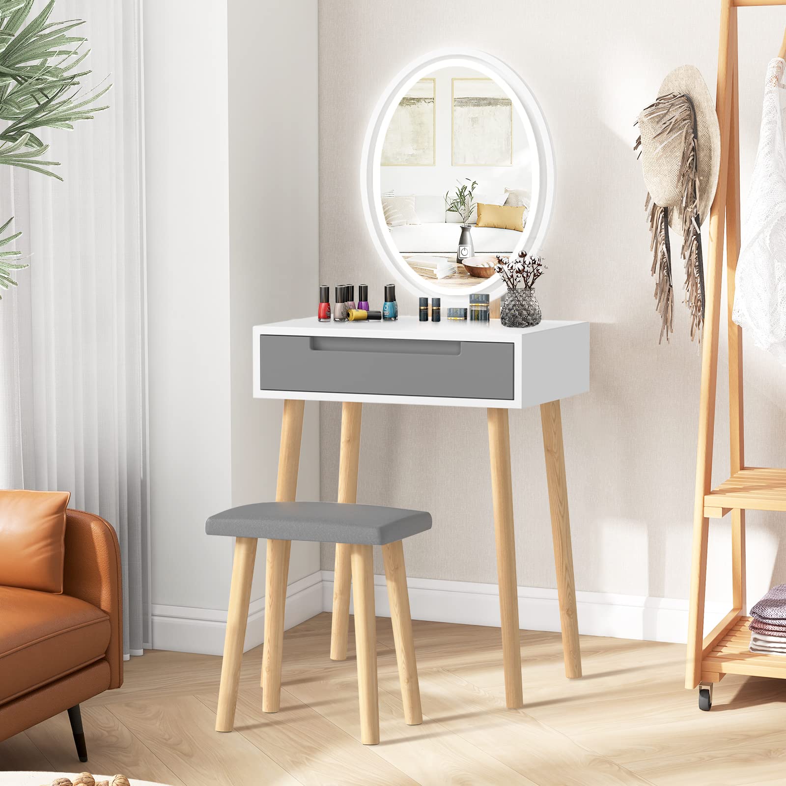 YOURLITE Small Vanity Desk with Mirror & LED Lights, Makeup Vanity Table with Chair & Storage Drawers, Compact Grey Vanity Desk for Bedroom - Perfect for Small Spaces, Home Makeup Studio & Dressing Area