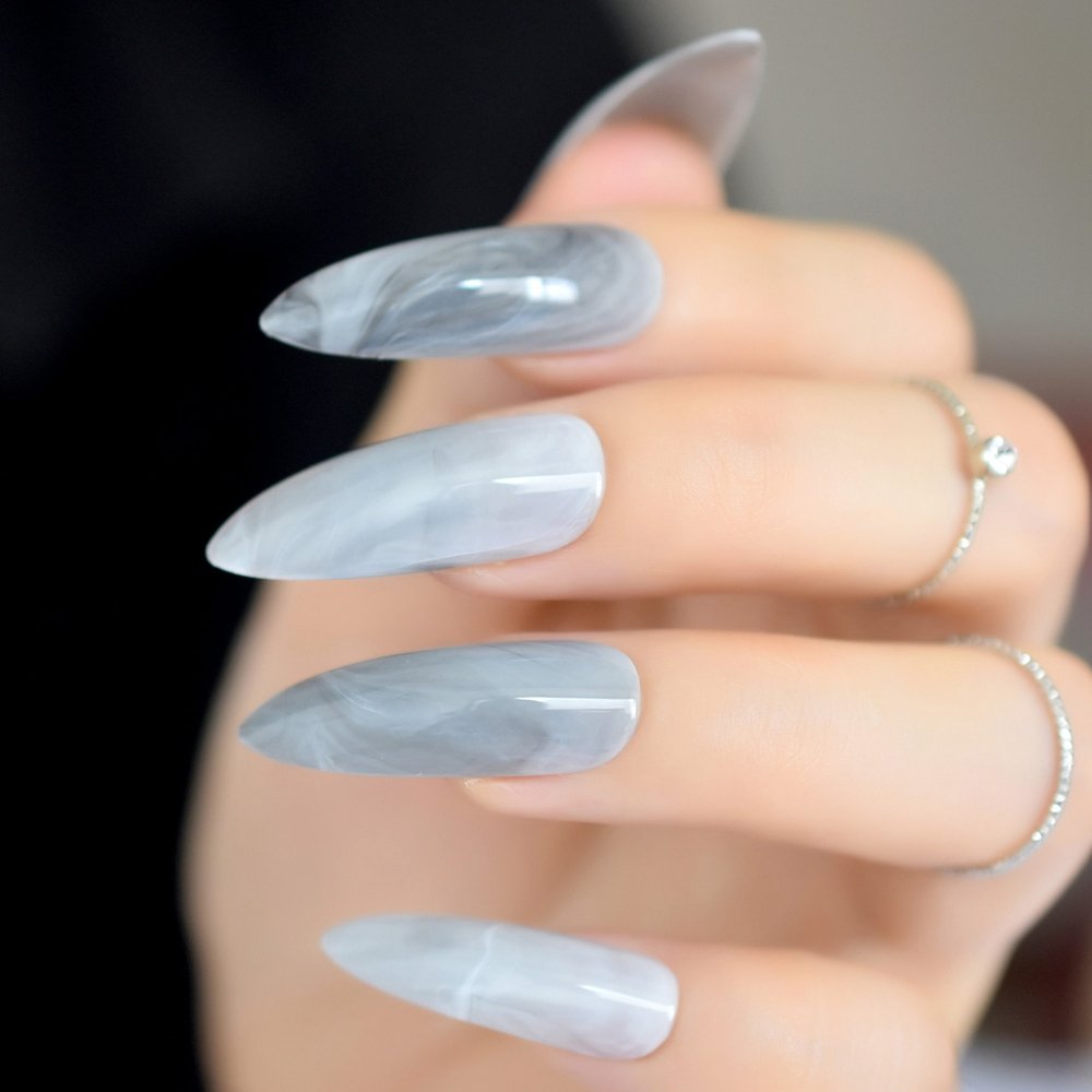 24 Count Extra Long Stiletto Press On Nails - Grey Marble Stone Pattern, Dark Shiny Pointed Fake Nails for Women | Perfect for Parties, Weddings & Special Occasions