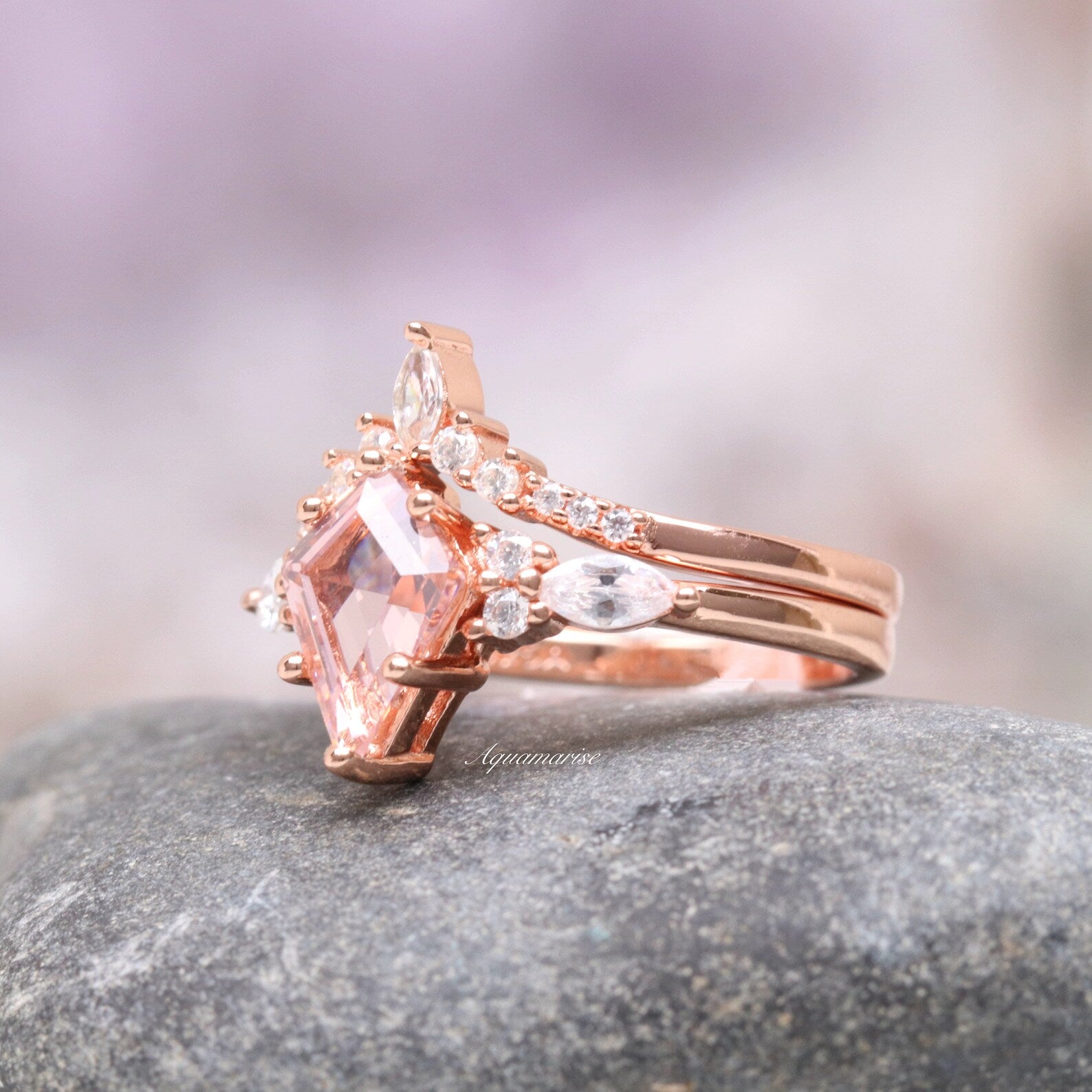Skye Kite™ 14K Rose Gold Vermeil Morganite Ring Set for Women - Elegant Stackable Rings for Engagement, Wedding, Anniversary & Everyday Wear
