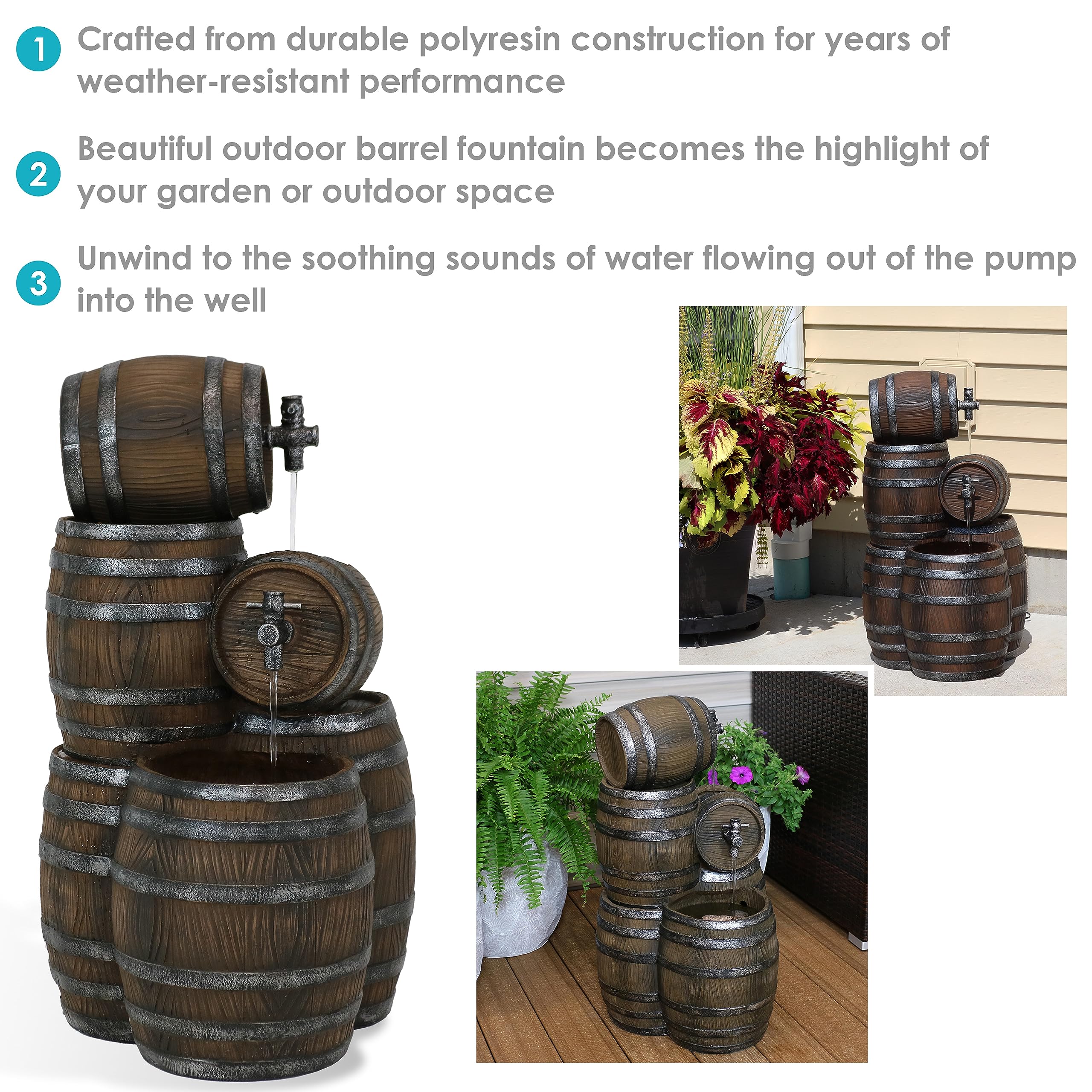 Sunnydaze 29-Inch Whiskey Barrel Outdoor Water Fountain with LED Lights & Adjustable Flow Electric Pump - Perfect for Garden, Patio, and Backyard Decor
