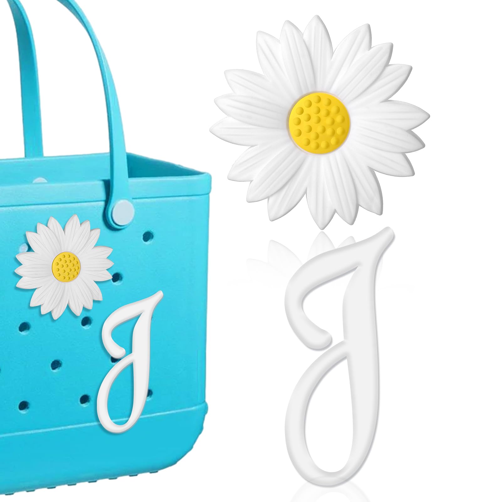 Bogg Bag Charms - 2pcs Letter & Flower Accessories for Beach Bags (J+Daisy) | Perfect for Summer Outings