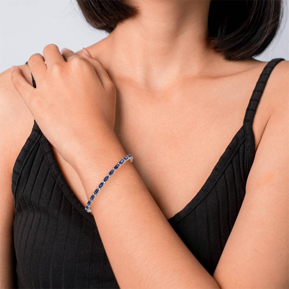 8 CT Classic Oval White Sapphire & Blue Sapphire Tennis Bracelet for Women - Elegant Jewelry Gift for Wedding, Anniversary & Special Occasions