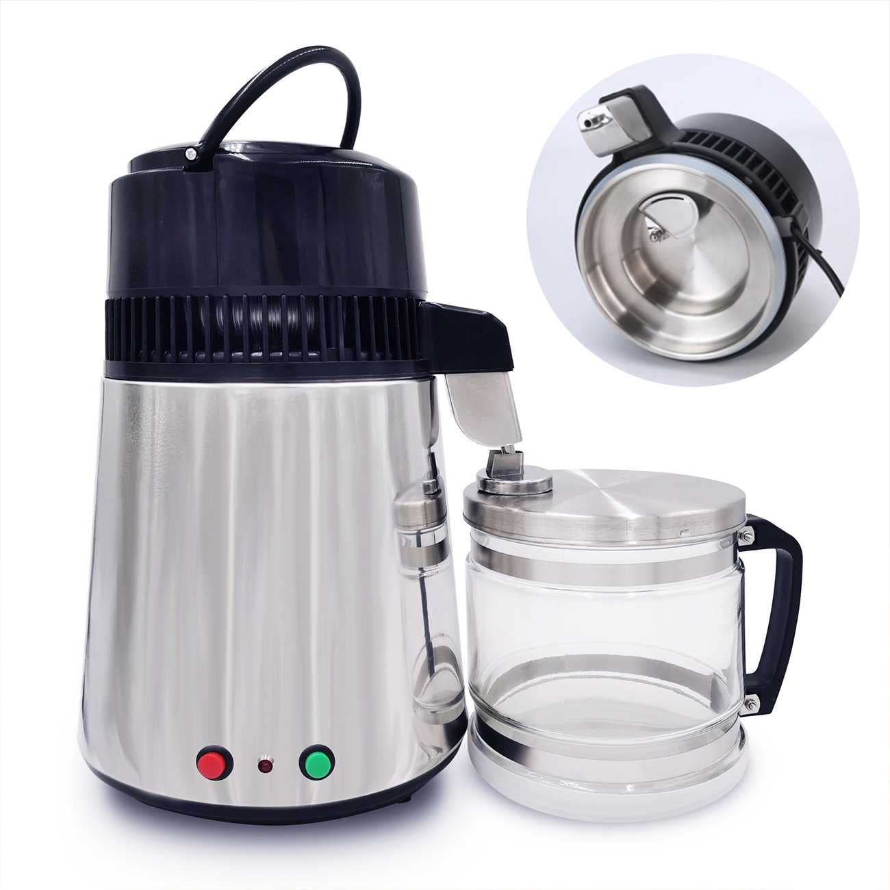 Premium 304 Stainless Steel Water Distiller with Glass Carafe - 750W Desktop Home Distilling Machine, Dual Button Switch for Pure Filtered Water | Perfect for Home, Office, RV & Emergency Preparedness