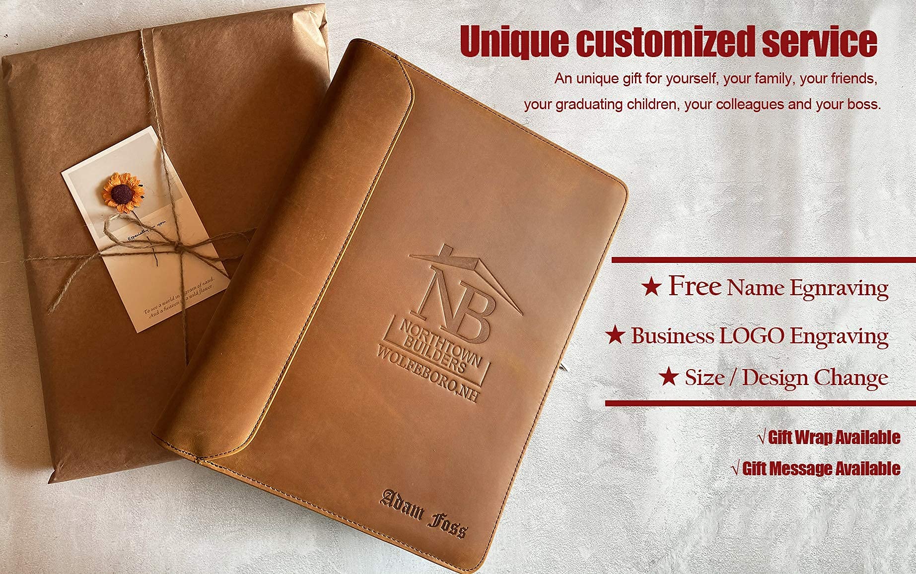Personalized Leather Portfolio Binder for Men & Women - Free Name Engraving, Custom 3-Ring Zippered Business Organizer, Handmade Professional Padfolio Folder (Brown) - Perfect Office Gift for Executives & Graduates