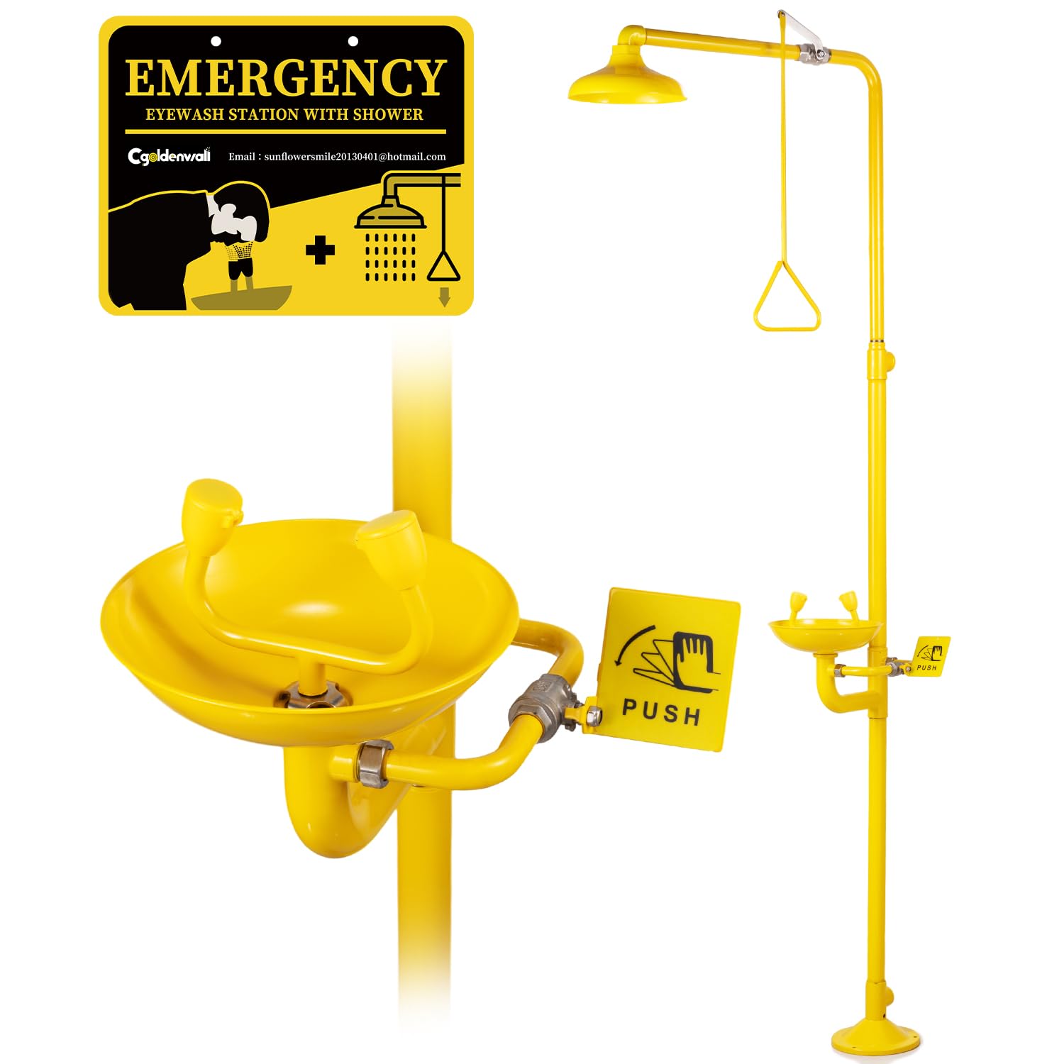 CGOLDENWALL Emergency Shower and Eye Wash Station - 304 Stainless Steel with Yellow Coating, NPT Thread, Includes Safety Sign - Ideal for Laboratories, Factories, and Chemical Workplaces