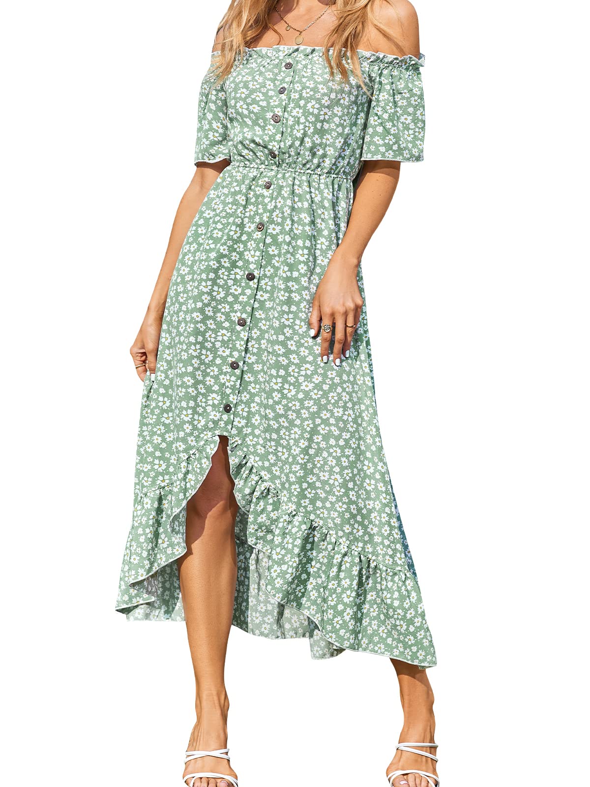 CUPSHE Women's Off Shoulder Maxi Dress with Floral Print, Short Sleeve Frill A-Line Summer Dress - Perfect for Beach Vacations, Date Nights & Outdoor Parties