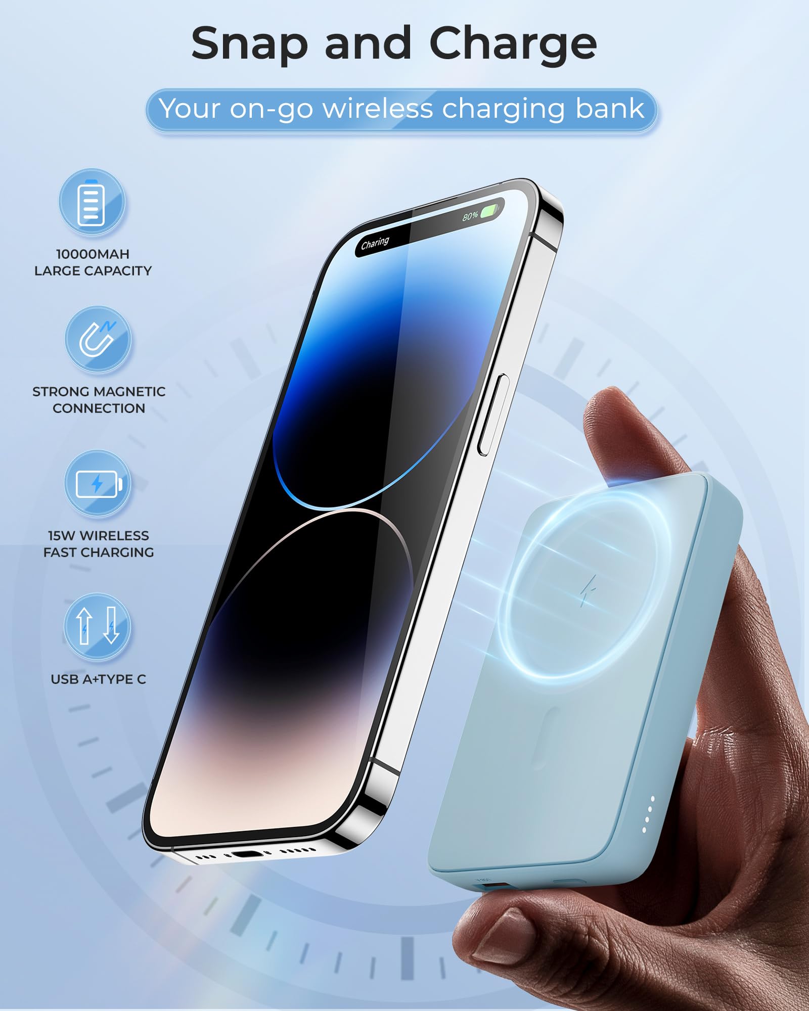 BENKS 10000mAh Magnetic Wireless Power Bank with 20W USB-C Ports | Portable Magsafe Charger for iPhone 15/14/13/12 Series | Fast Charging Battery Pack for Travel, Work & Outdoor Activities - Blue