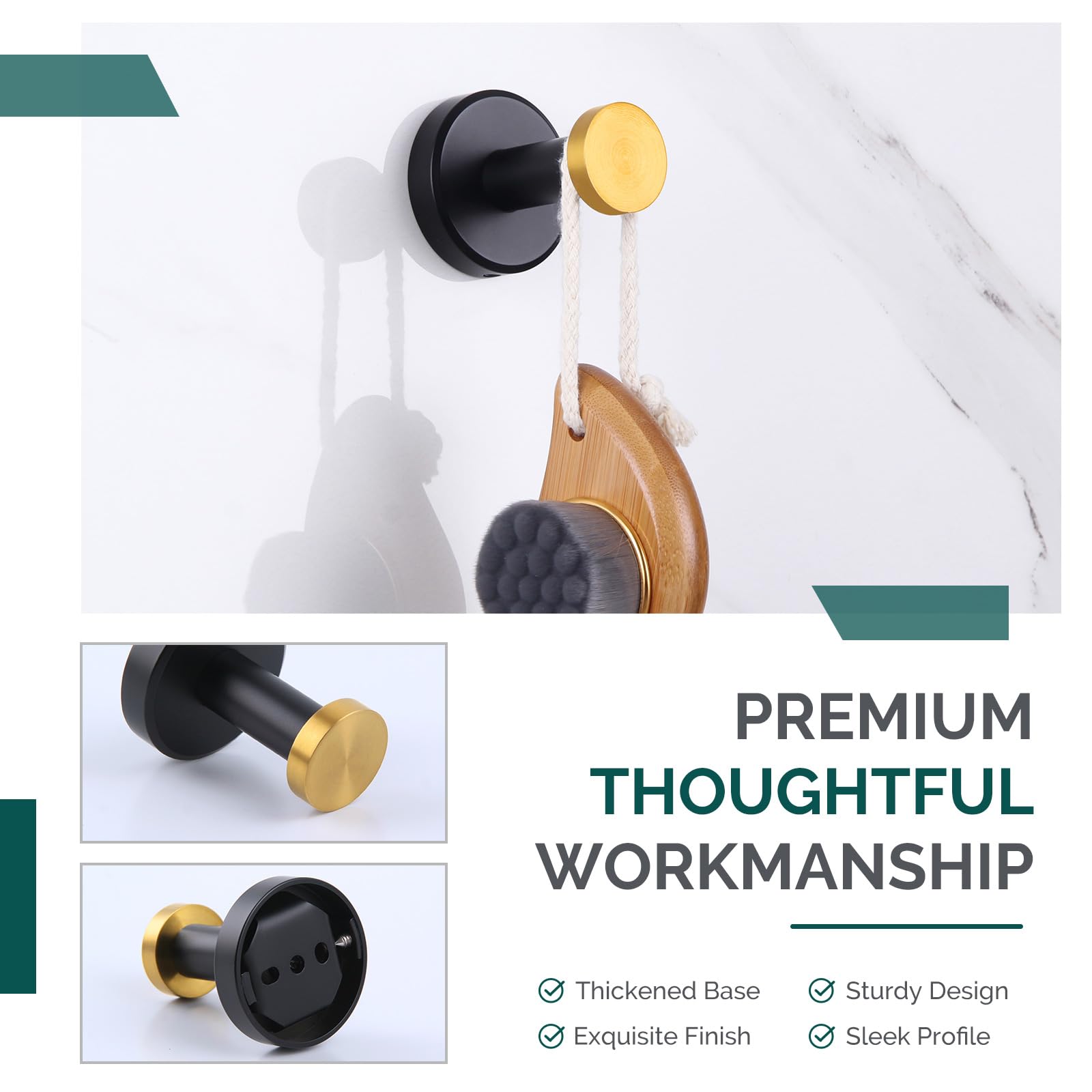 Stainless Steel Wall Hook - Black & Gold SUS304 Bathroom Towel Holder, Round Robe Hook for Hand Towels & Robes - Perfect for Bathroom, Kitchen, Bedroom & Entryway Organization