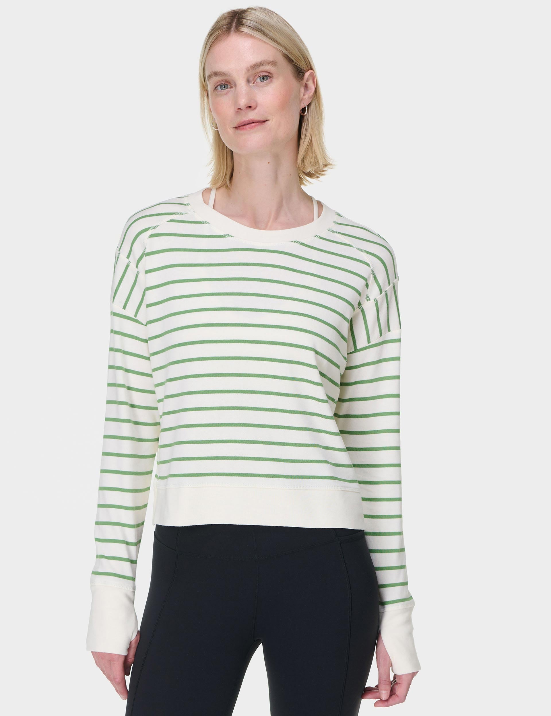 After Class Crop Sweatshirt - Lilywhite Green Stripe | Women's Casual Pullover Hoodie for School, College, Streetwear & Lounge Comfort