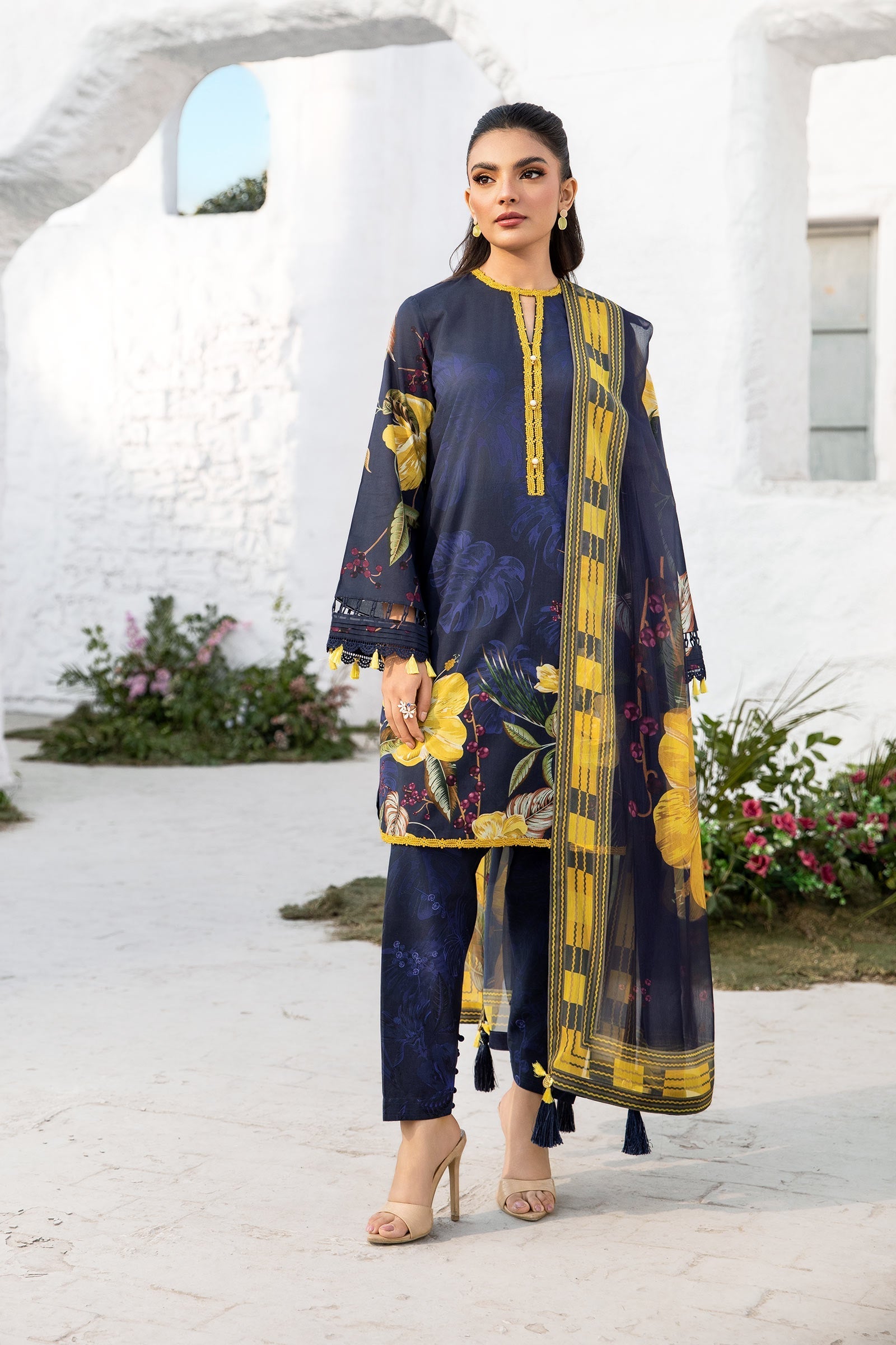 Maria B Summer M Basics Stitched Dress - Women's Floral Embroidery Casual Maxi Dress for Beach, Vacation & Summer Outfits