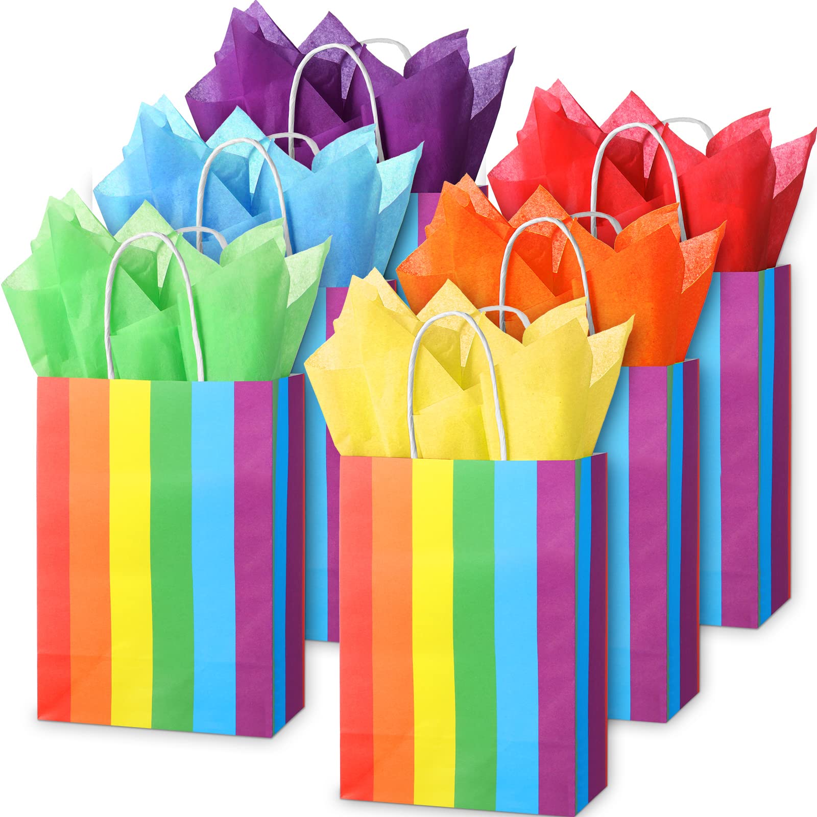 36 Pcs Rainbow Party Treat Bags - Colorful Striped Kraft Paper Gift Bags with Handles & Tissue Paper for LGBTQ+ Pride Parade, Birthday Party, Baby Shower & Festival Supplies