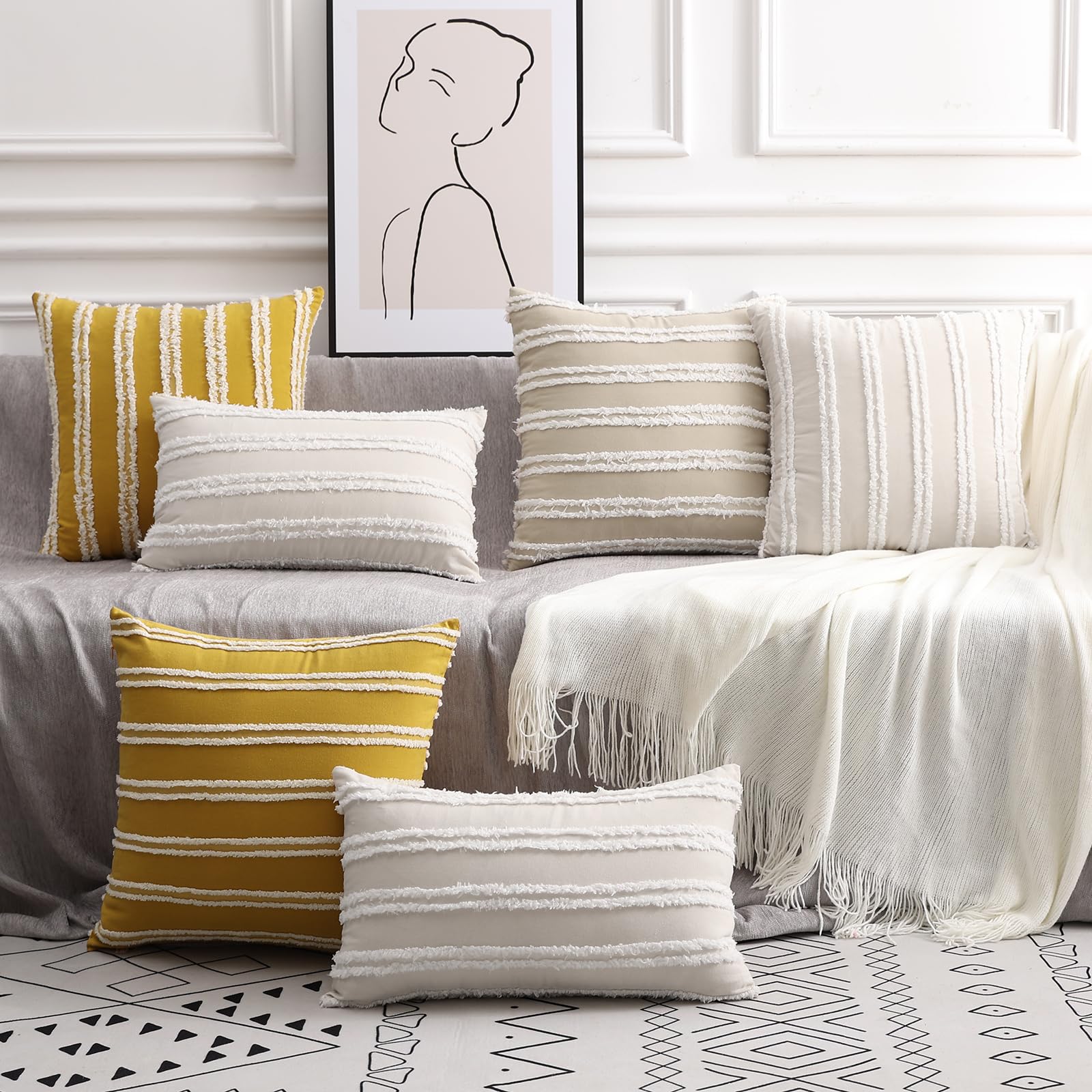 Pallene Boho Decorative Throw Pillow Covers 16x16 Set of 2 - Soft Cotton Linen Blend Cushion Covers for Sofa, Couch & Living Room in Khaki - Perfect for Home Decor, Cozy Reading Nook & Bohemian Style Bedroom
