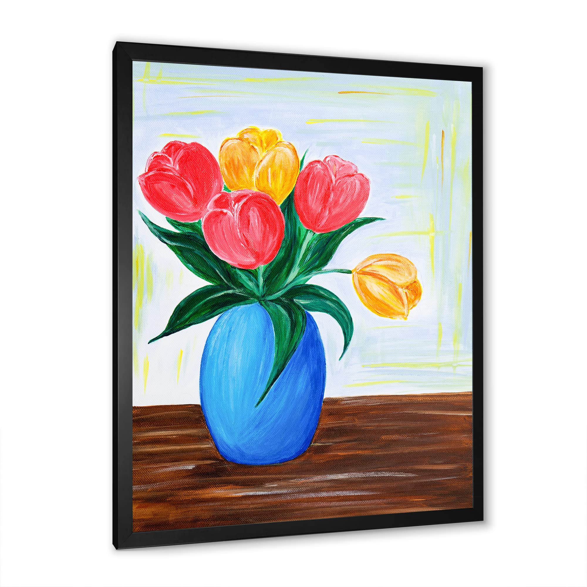 Red and Orange Tulips Bouquet in Vase - Traditional Framed Wall Art Decor for Living Room, Bedroom & Office