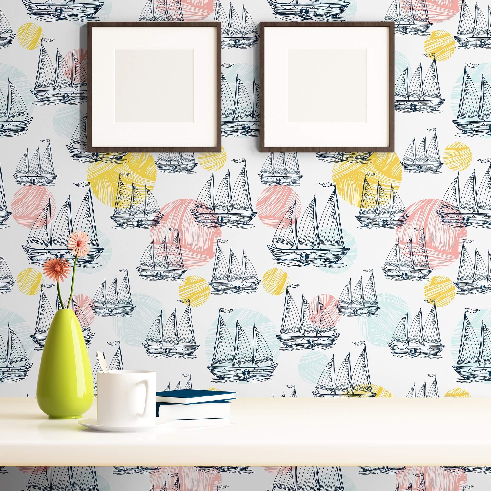 Nautical Themed Red and Yellow Peel & Stick Removable Wallpaper - Perfect for Bedroom, Bathroom, and Nursery Decor
