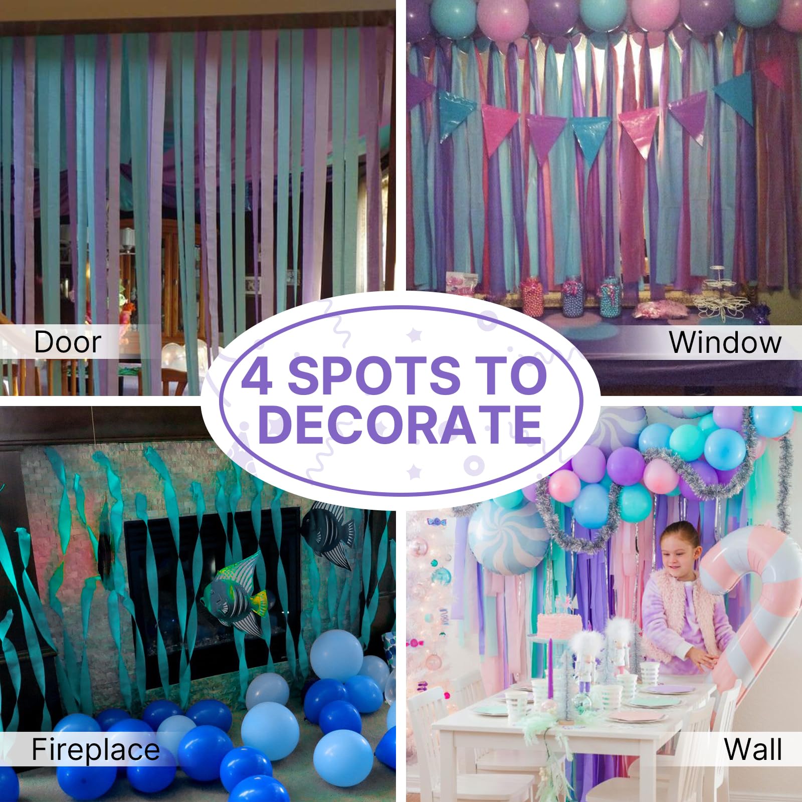 PartyWoo Crepe Paper Streamers - 8 Rolls (656ft) in Pink, Purple, Mint, Turquoise & White - 1.8