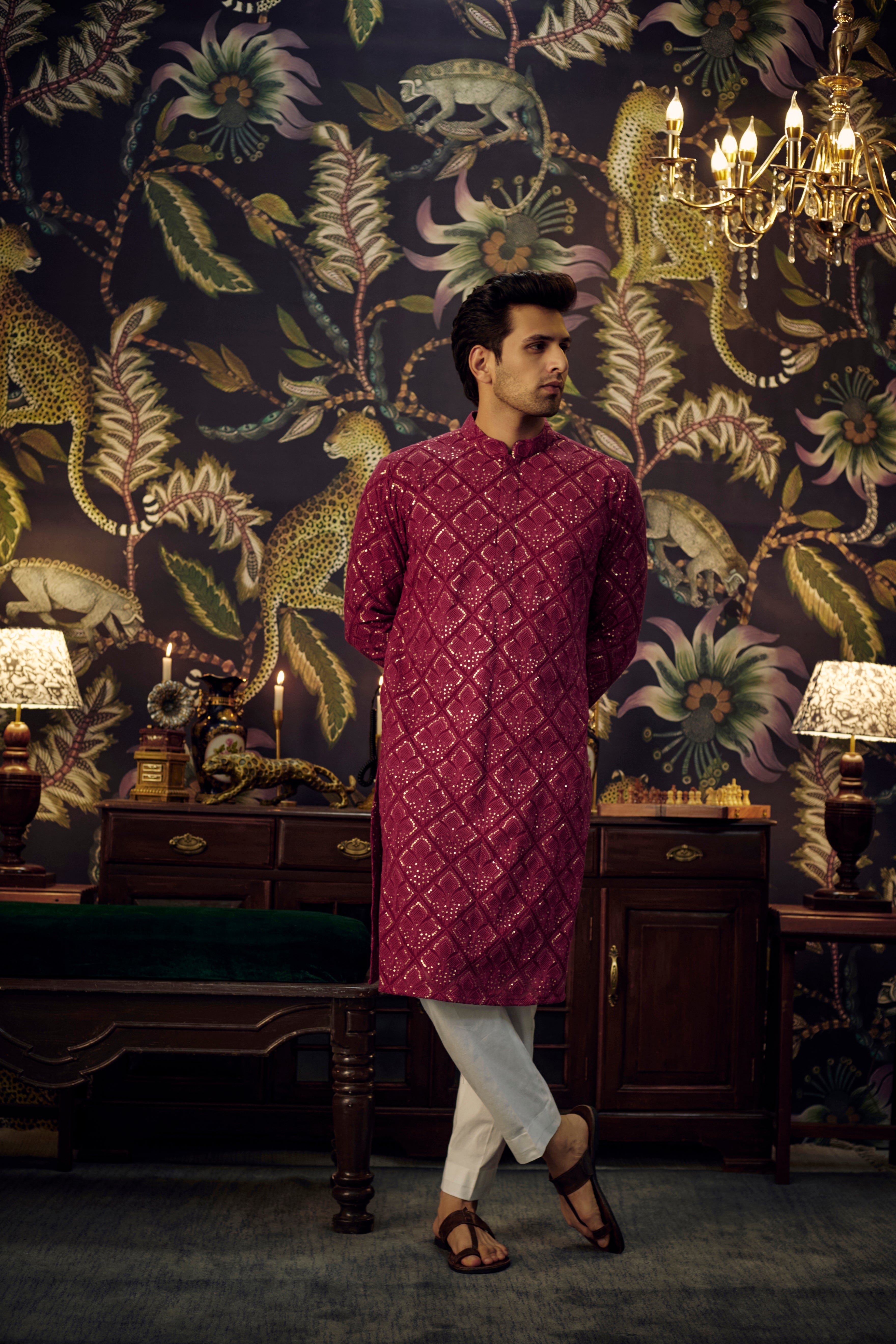 Elegant Maroon Chikankari Kurta with Tone-on-Tone Thread & Sequins Embroidery - Perfect for Festivals, Weddings, and Ethnic Parties