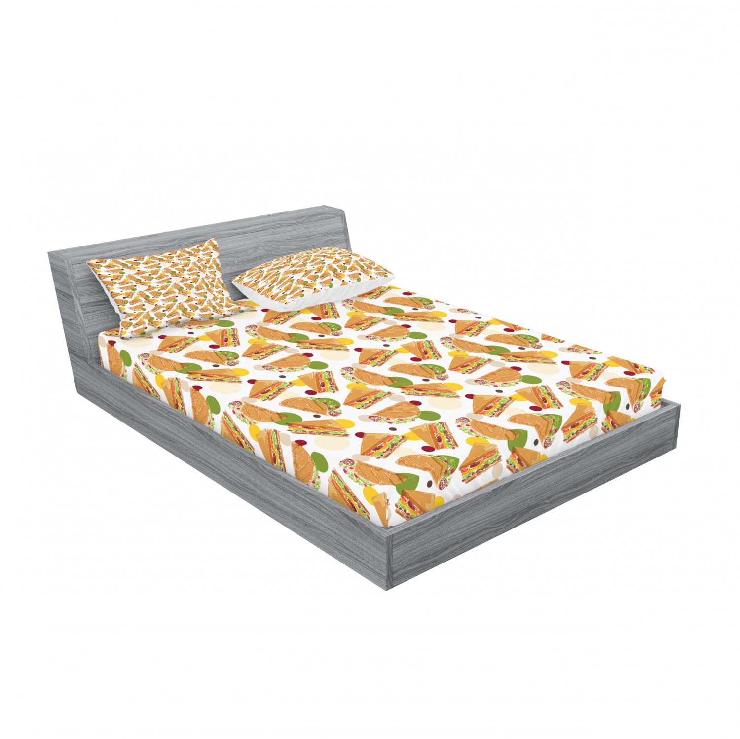 Ambesonne Fast Food Themed 2-Pack King Size Fitted Sheet & Pillow Sham Set - Sandwich & Taco Print 4-Piece Bedding Collection | Fun Teen Room Decor, Dorm Essentials, Themed Party Supplies