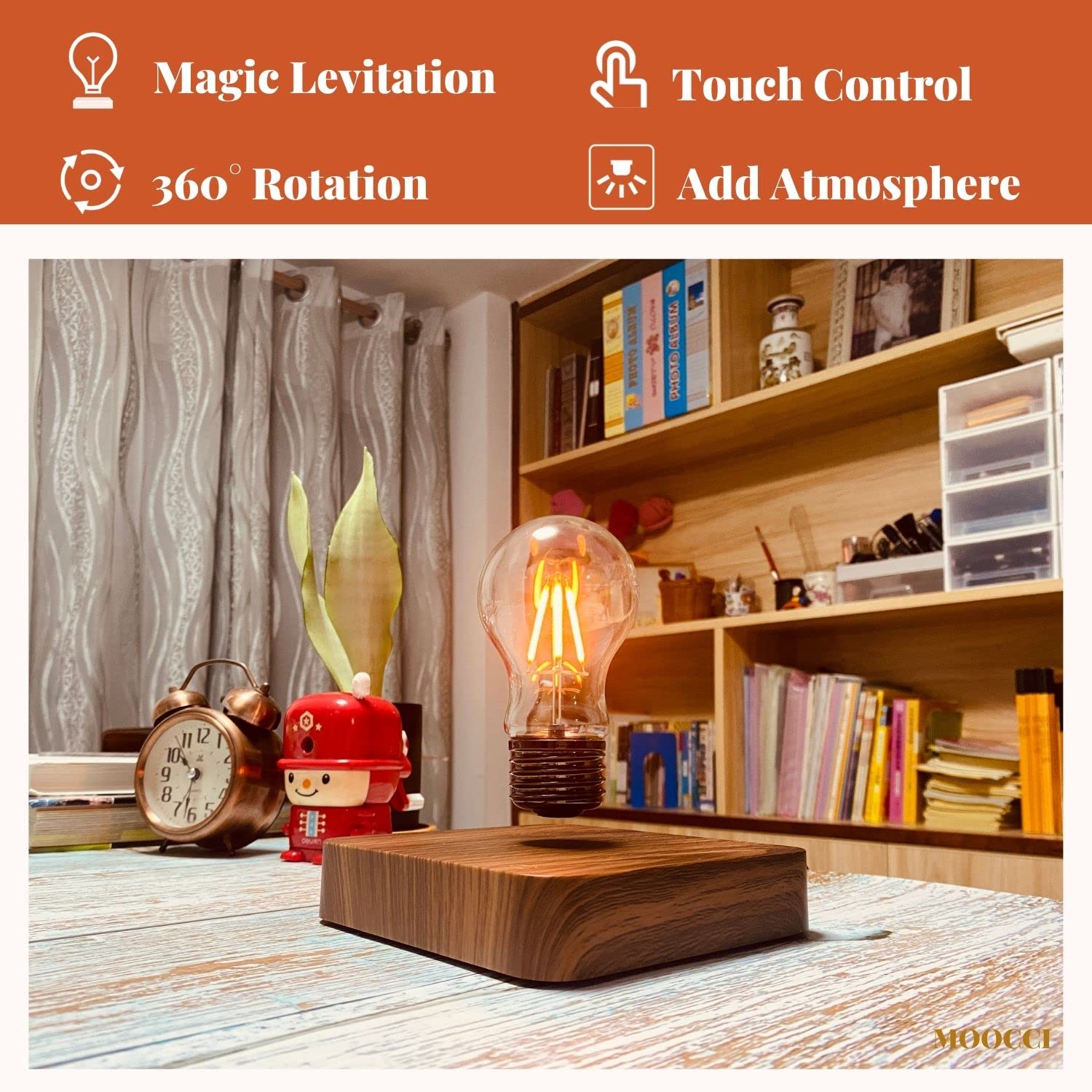 MOOCCI Magnetic Floating Levitating Bulb Lamp - 360° Wireless Rotating Night Light, Modern Desk Lamp for Home Office Decor, Unique Tech Gadget Gift (Square-Classic Bulb) - Perfect for Bedside Lighting, Workspace Illumination & Creative Home Decor