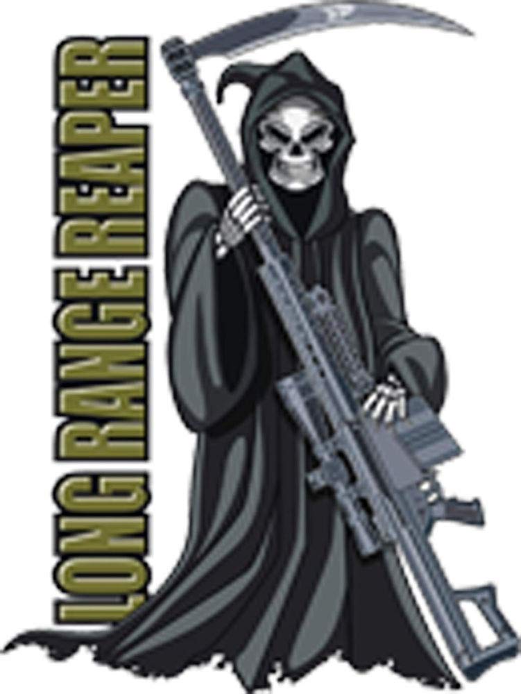 Grim Reaper with Machine Gun Scythe Cartoon Vinyl Sticker - 8 Inch Tall Decal for Laptops, Water Bottles & Motorcycle Helmets - Gothic Horror Decor for Gamers & Halloween Fans