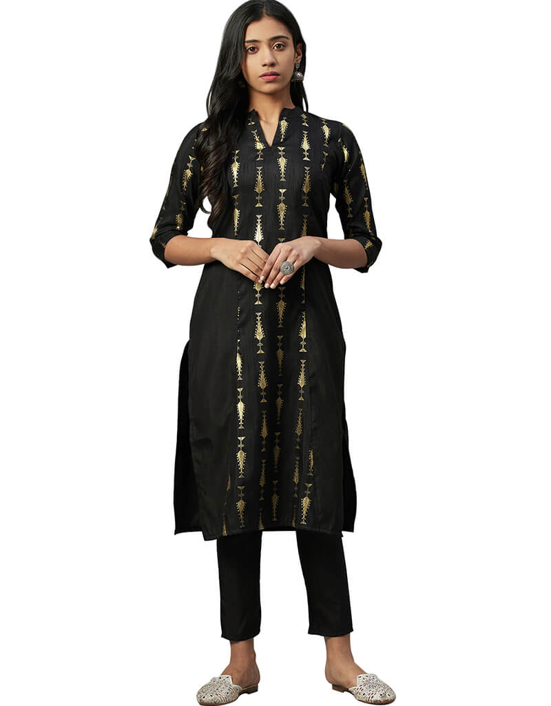 Black Poly Silk Pant Kurti for Women - Elegant Indian Tunic Top with Pants - Perfect for Festivals, Parties & Casual Wear