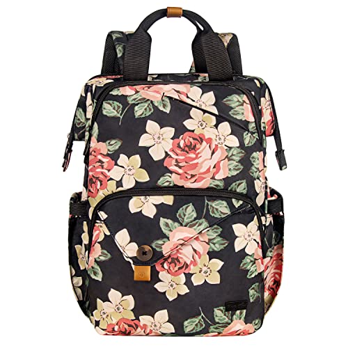 Hap Tim Large Baby Diaper Backpack for Girls & Moms - Waterproof Travel Diaper Bag with Stroller Straps, Double Compartments & Black Floral Design (US7340-BF) - Perfect for Daycare, Travel & Shopping