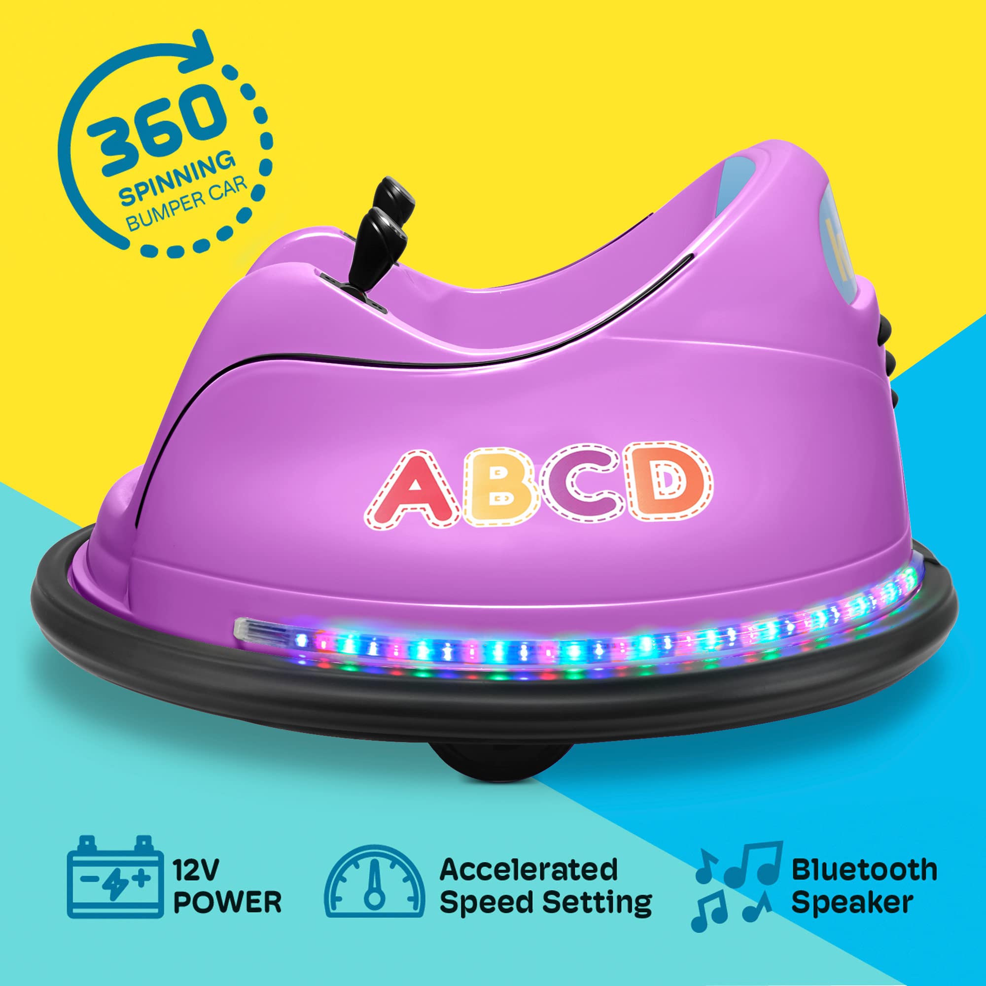 Kidzone 12V 2-Speeds Electric Ride On Bumper Car for Kids & Toddlers 1.5-6 Years - Remote Control, LED Lights, Bluetooth, 360° Spin - ASTM Certified Safe Bumper Toy for Birthday Gifts & Indoor/Outdoor Play