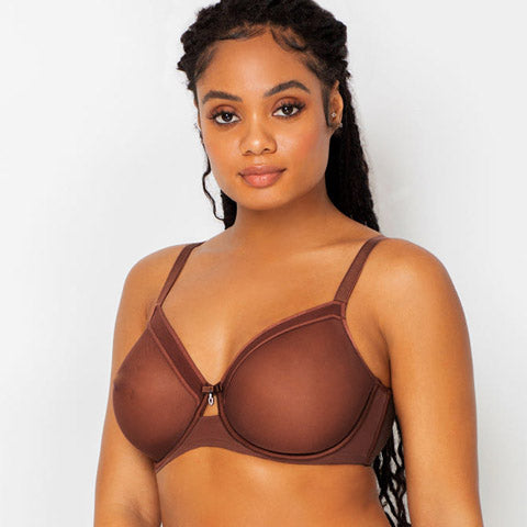 Curvy Couture Sheer Mesh Unlined Bra in Chocolate - Comfortable Wireless Bralette for Everyday Wear & Layering Outfits