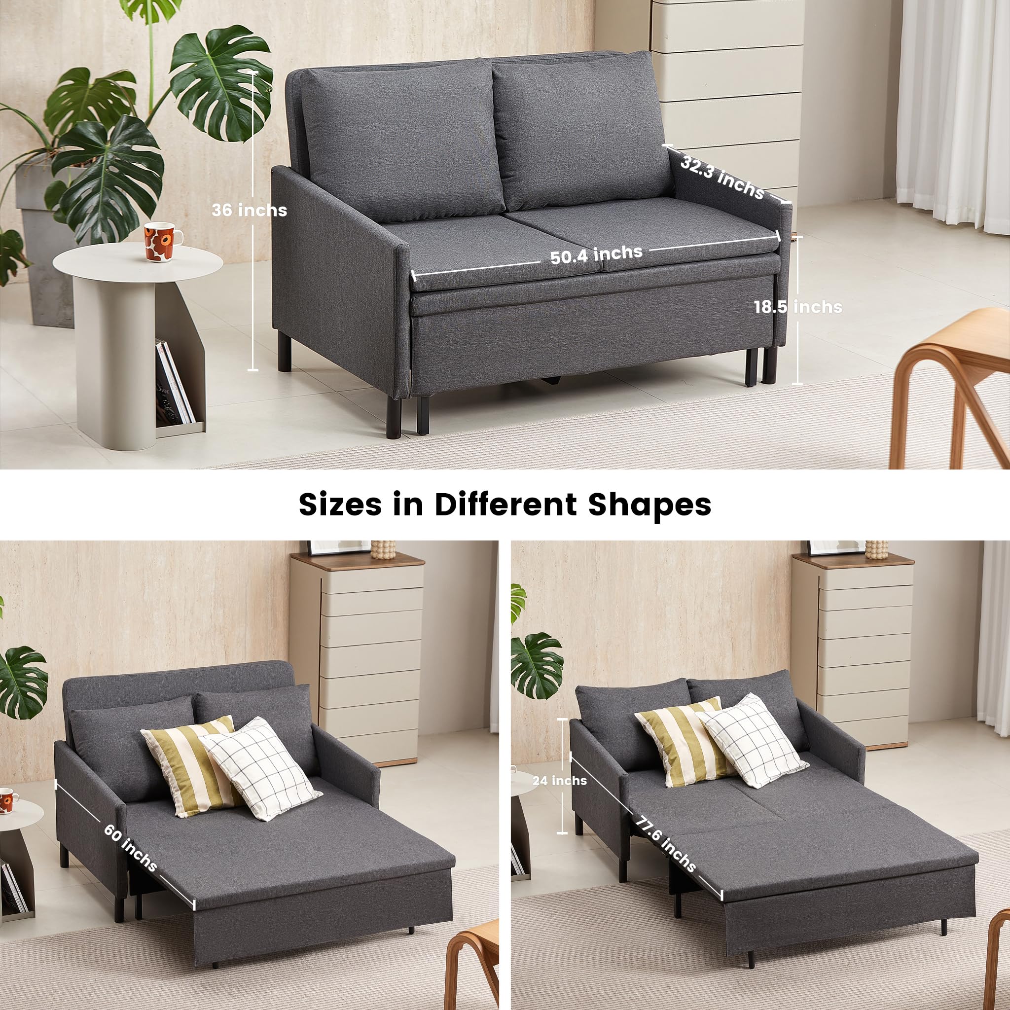 XSPRACER 3-in-1 Convertible Sleeper Sofa Bed with Pullout & Storage - Modern Loveseat Couch for Living Room, RV, Bedroom, Balcony - Dark Gray Linen Fabric - Perfect for Small Spaces, Guest Rooms & Studio Apartments