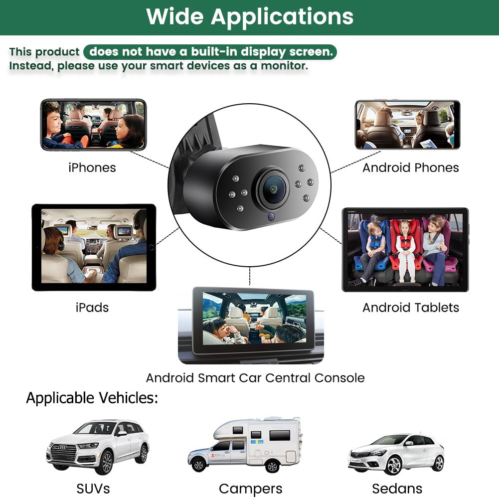GreenYi WiFi Car Baby Monitor with IR Night Vision - 720P HD Wireless Rear/Front View Camera for Android Head Units, iPhone, iPad & Smartphones - Perfect for Night Driving, Baby Monitoring & Parking Assistance