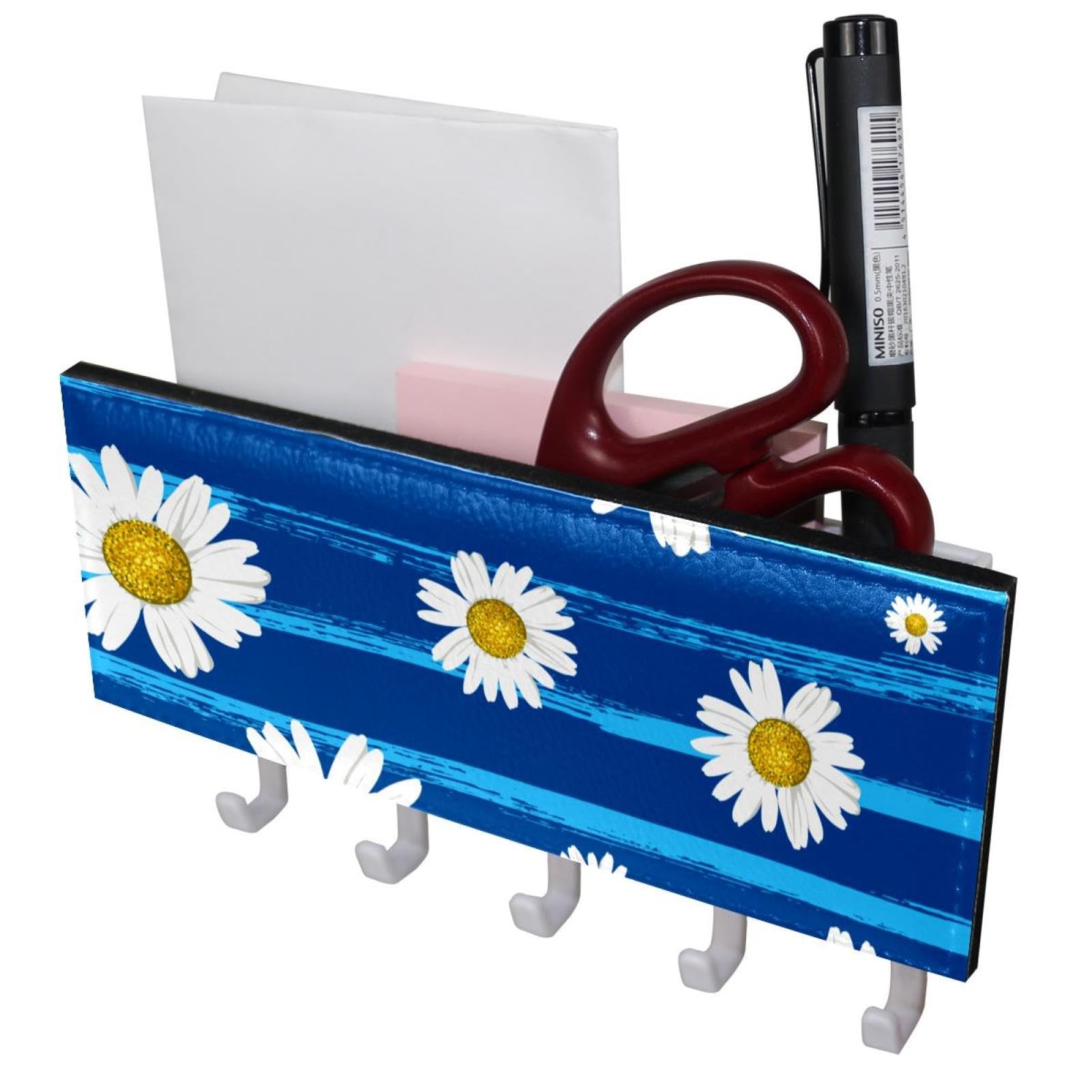 GIAPB Adhesive Wall Hooks for Hanging - White Daisy Floral Design on Blue Background - Perfect for Bathroom, Kitchen, Bedroom & Office Organization