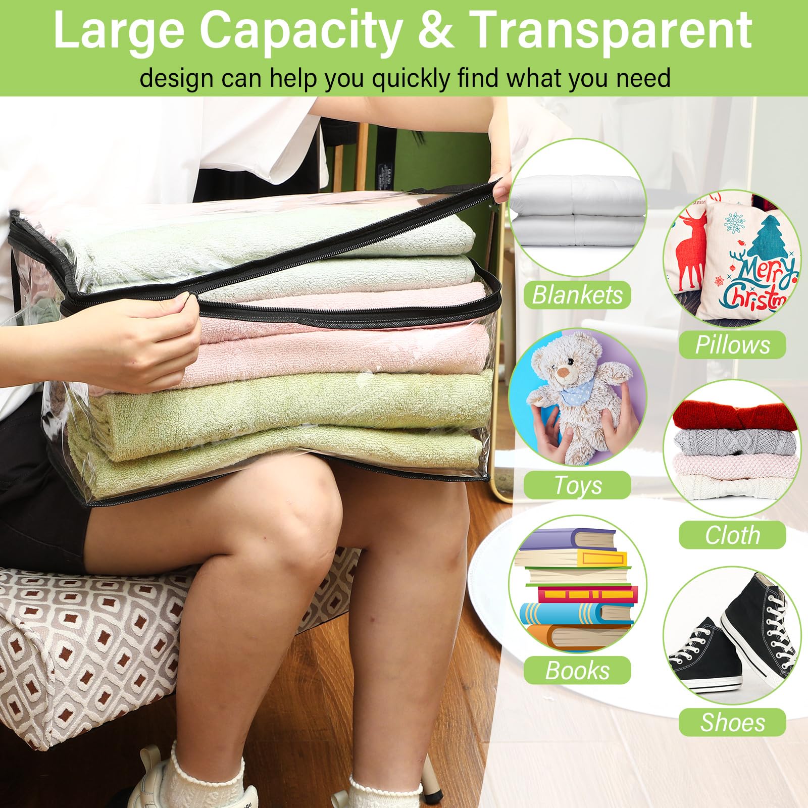 Windyun 16 Pack Heavy Duty Clear Zipper Storage Bags with Handles - Organize Clothes, Blankets, Comforters & Toys - Perfect for Moving, Seasonal Storage & Home Organization