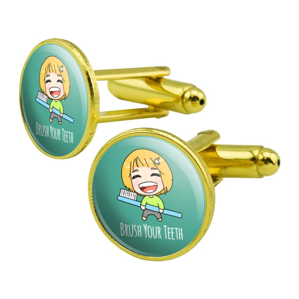 Kawaii Chibi Toothbrush & Cufflink Set - Gold Round Cute Dental Care & Fashion Accessories for Anime Fans, Gift Ideas, Cosplay & Office Wear