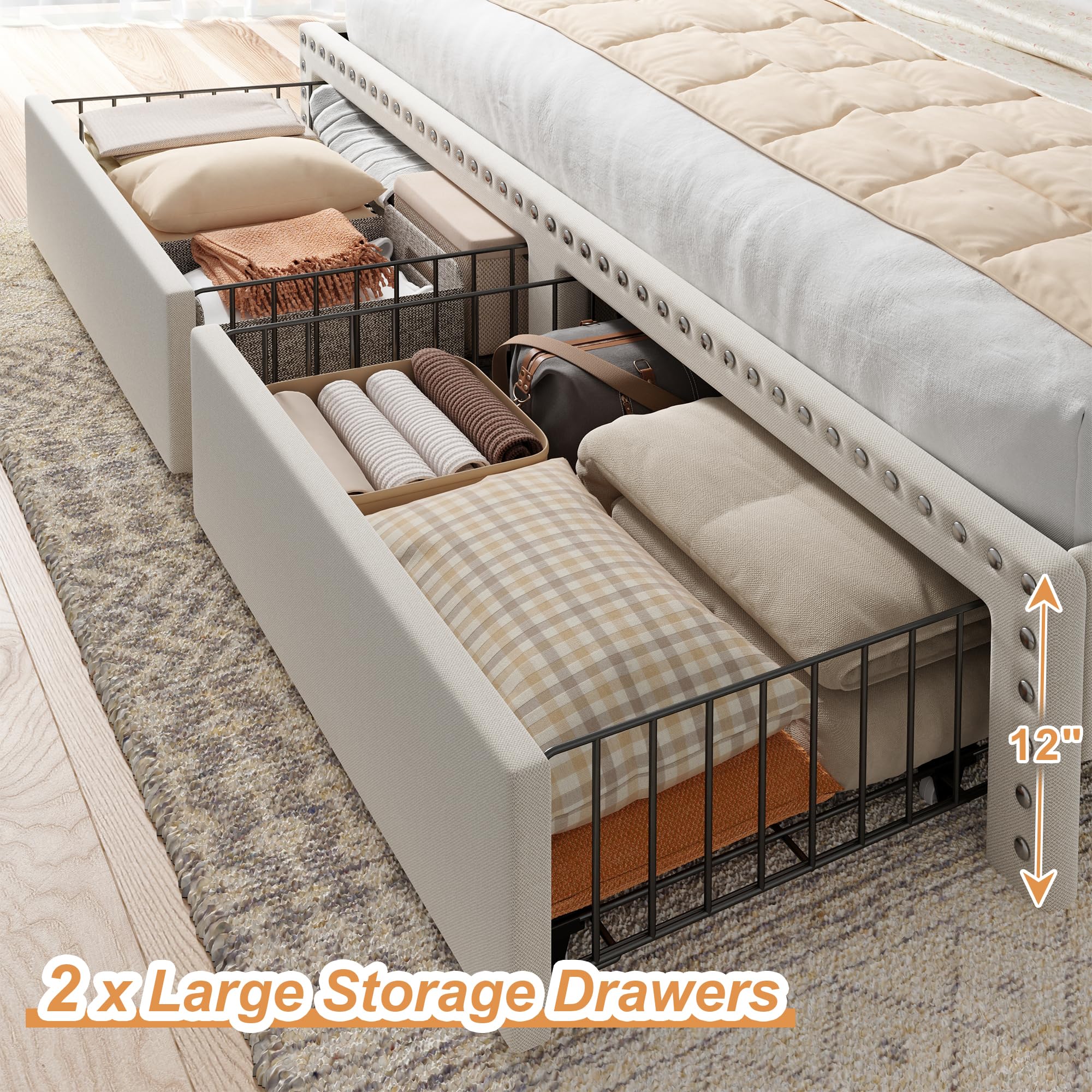 EnHomee Upholstered Queen Bed Frame with Headboard & Storage - 2 Drawers, No Noise, No Box Spring Needed - Perfect for Small Bedrooms, Guest Rooms & Modern Apartments